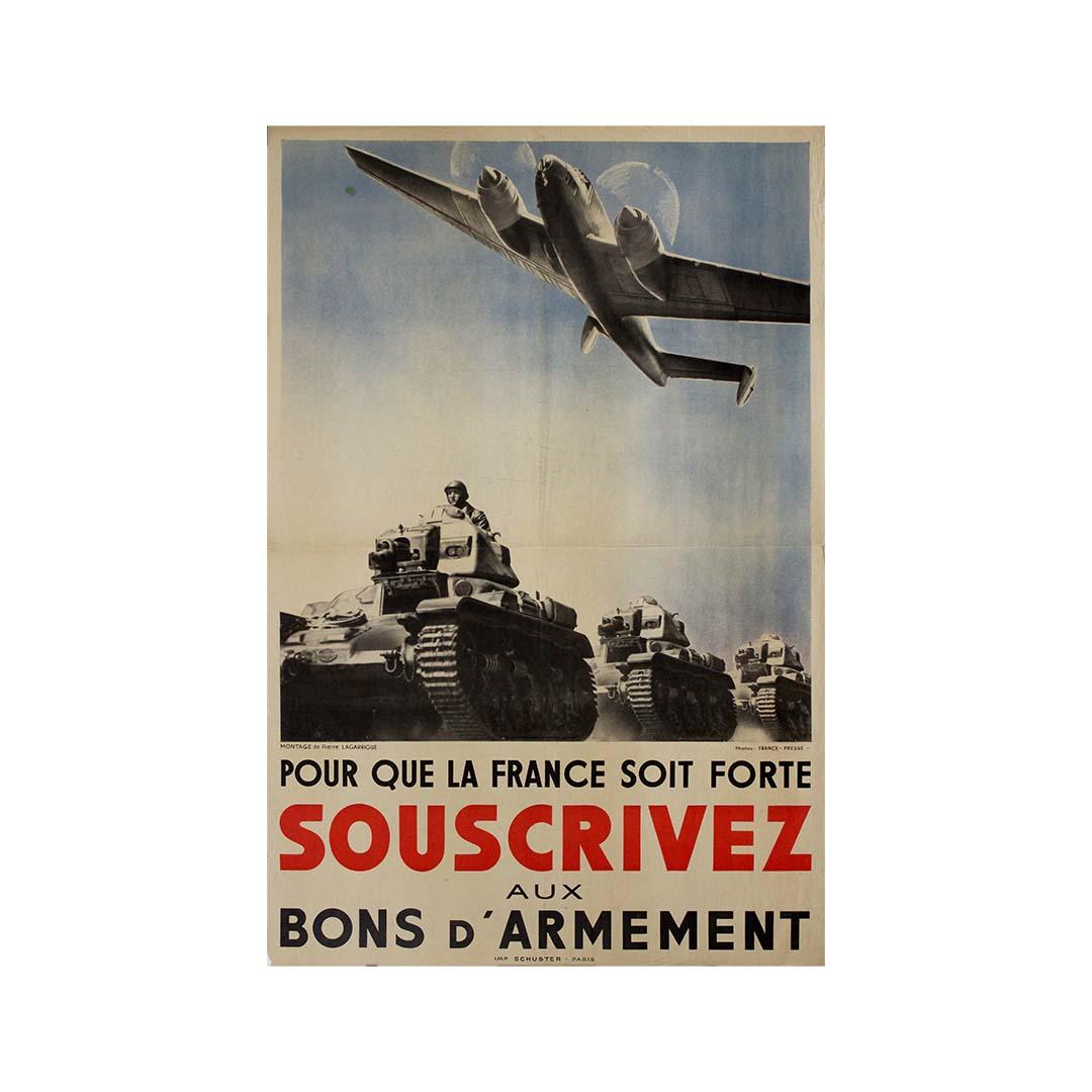 A powerful testament to the role of propaganda in wartime mobilization, this original circa 1940 French poster by Pierre Lagarrigue boldly urges citizens to “Souscrivez aux Bons d’Armement” — Subscribe to Armament Bonds — under the rallying call