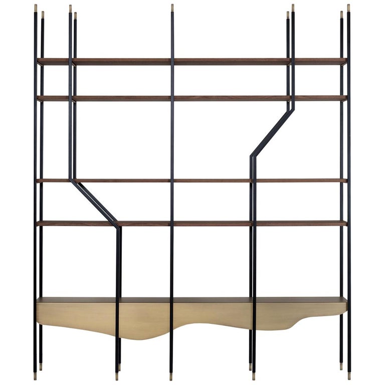 21st Century Contemporary Modern Lage Bookcase Matt Walnut Veneer Dark Oxidized Brass Metal Black Lacquered Handcrafted in Portugal - Europe by Greenapple.

An asymmetrical design that will unsettle even the most obedient. This bookcase was created
