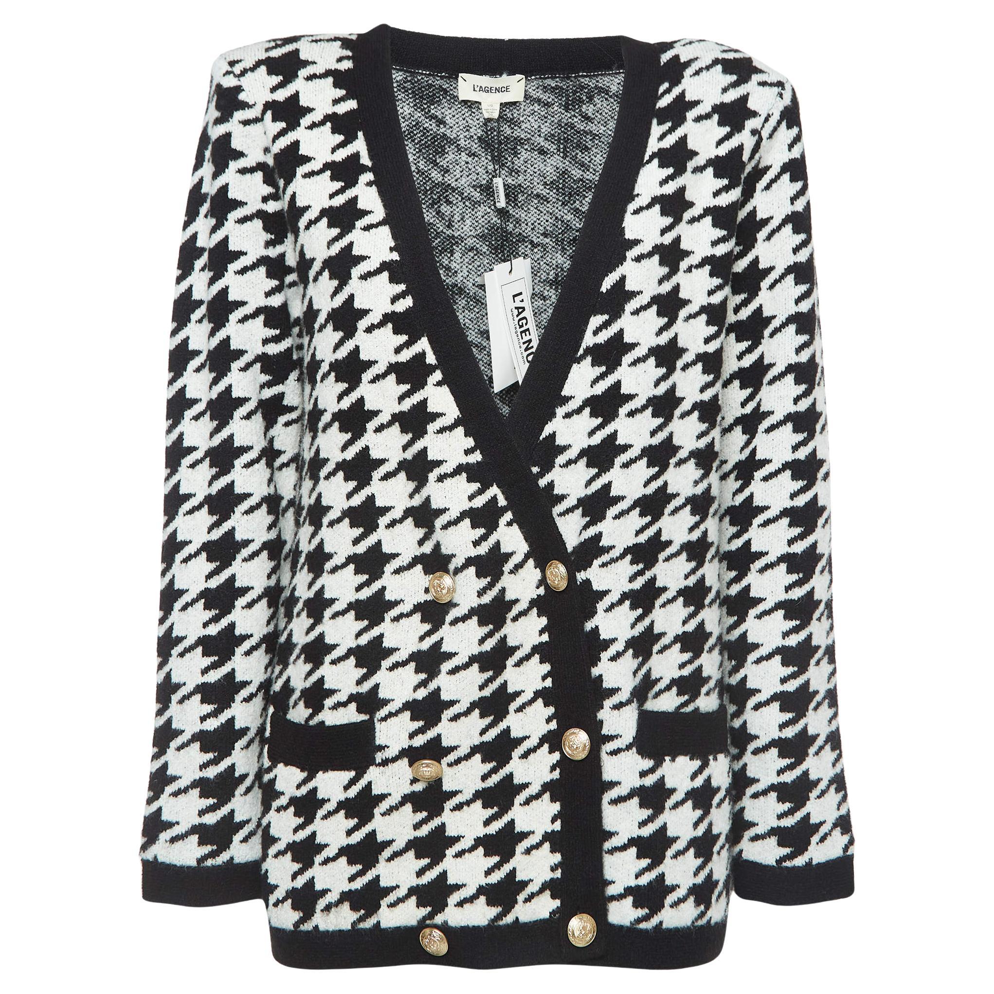 L'agence Black/White Maddy Houndstooth Double Breasted Cardigan L For Sale
