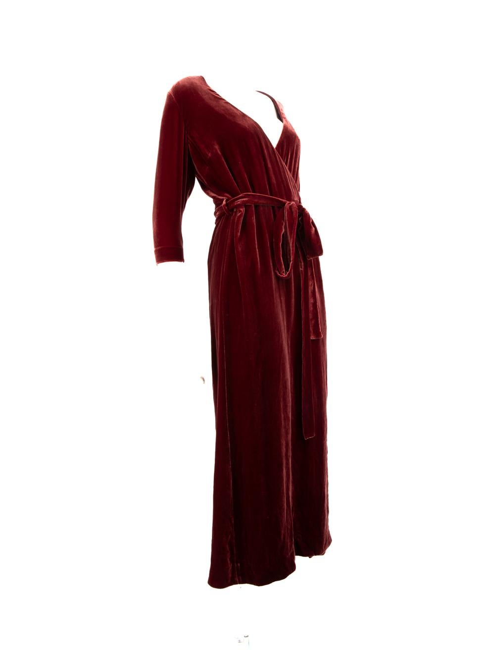 CONDITION is Very good. Hardly any visible wear to dress is evident on this used L'Agence resale item.
 
 Details
 Burgundy
 Velvet
 Wrap dress
 Maxi
 Mid sleeves
 Snap button and wrap fastening
 V-neck
 
 
 Made in China
 
 Composition
 NO