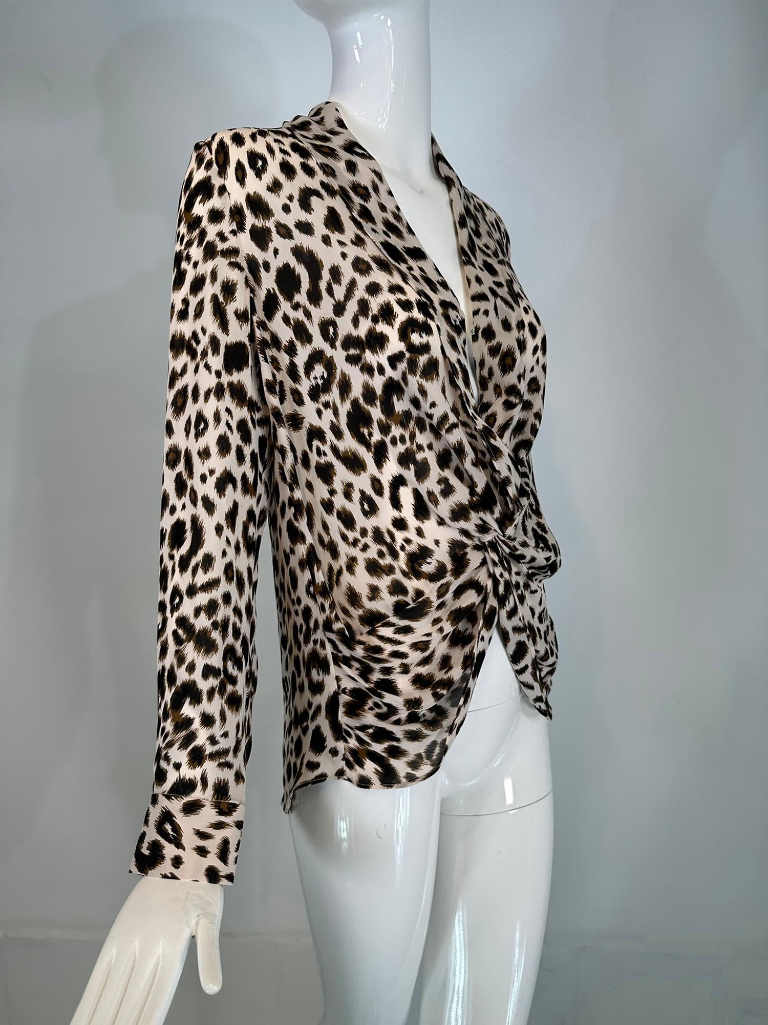 L’AGENCE Leopard Print Silk Plunge V Neckline Twisted Wrap Blouse XS For Sale 6
