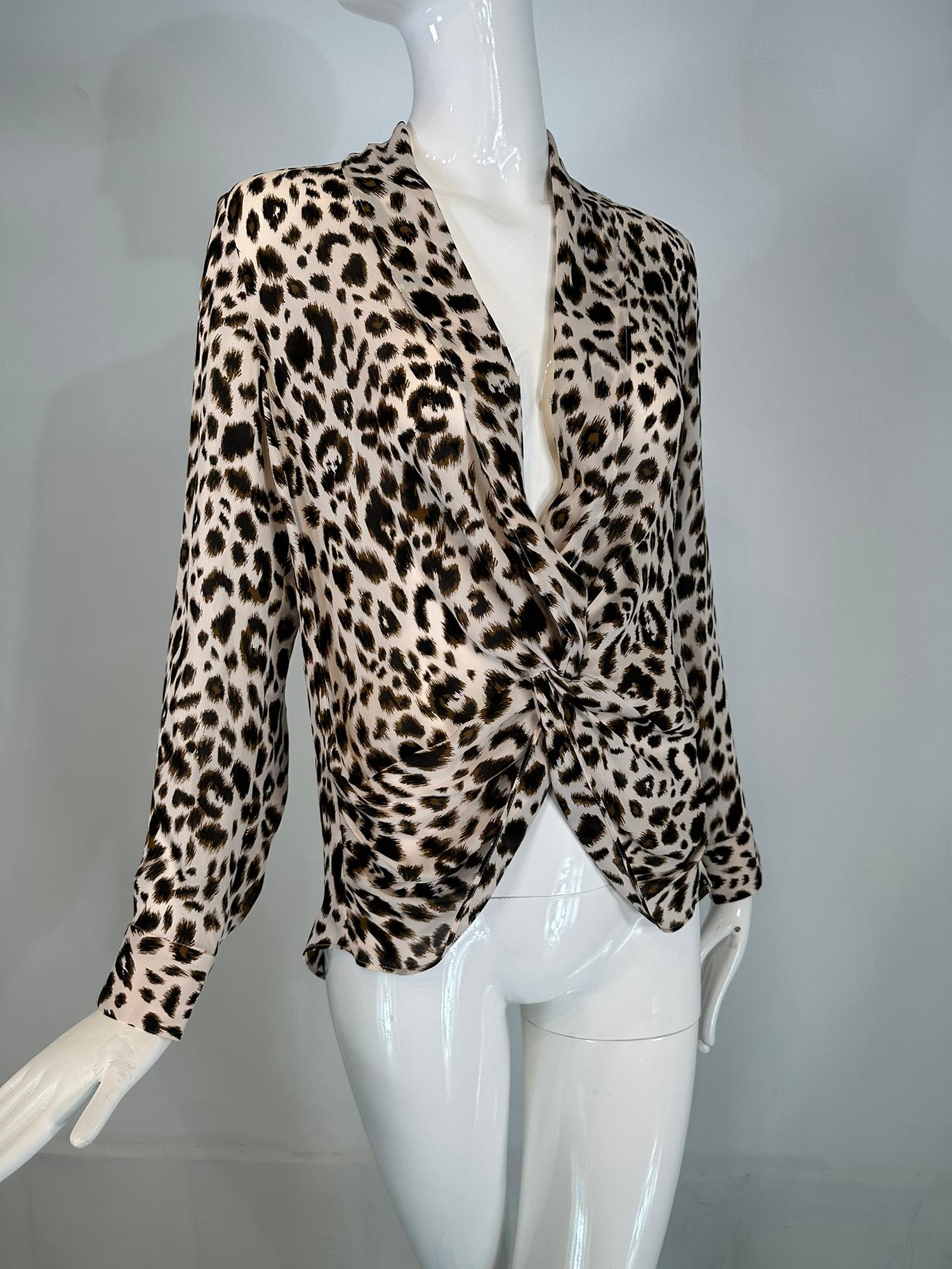 L’AGENCE Leopard Print Silk Plunge V Neckline Twisted Wrap Blouse XS For Sale 7