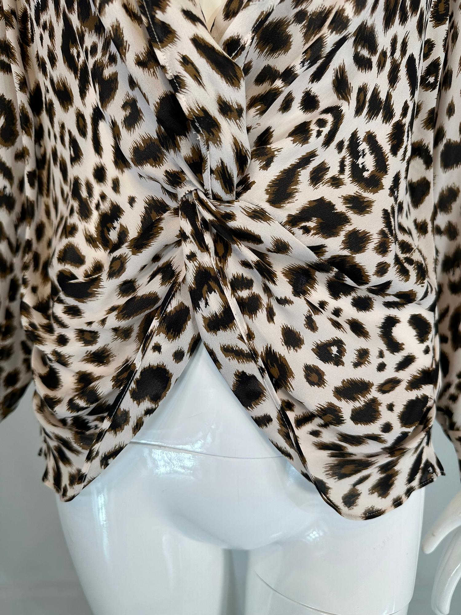 L’AGENCE Leopard Print Silk Plunge V Neckline Twisted Wrap Blouse XS For Sale 8