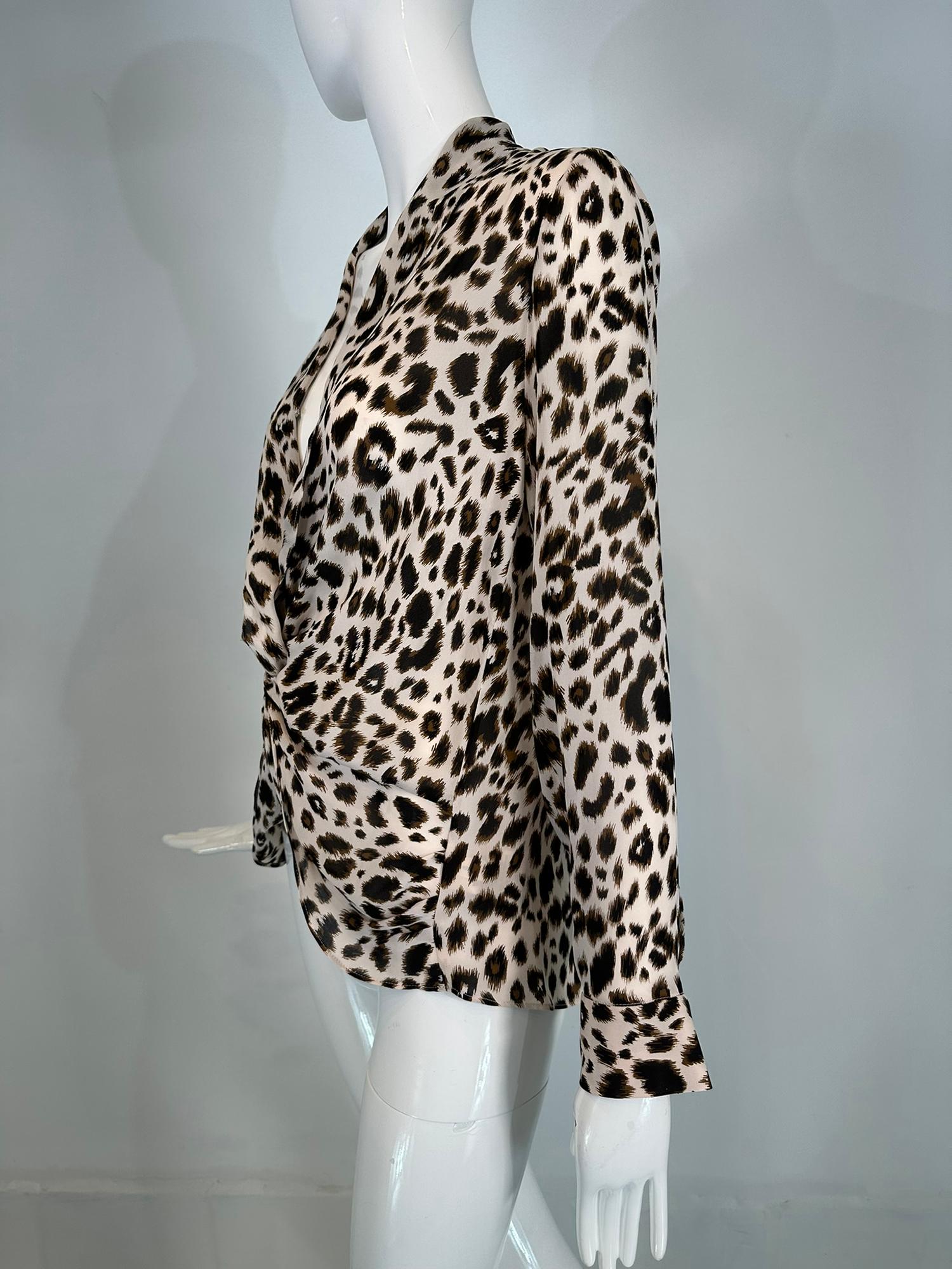 Women's L’AGENCE Leopard Print Silk Plunge V Neckline Twisted Wrap Blouse XS For Sale