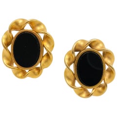 Lagerfeld Onyx Ribbon Edge Clip on Earrings, 1980s
