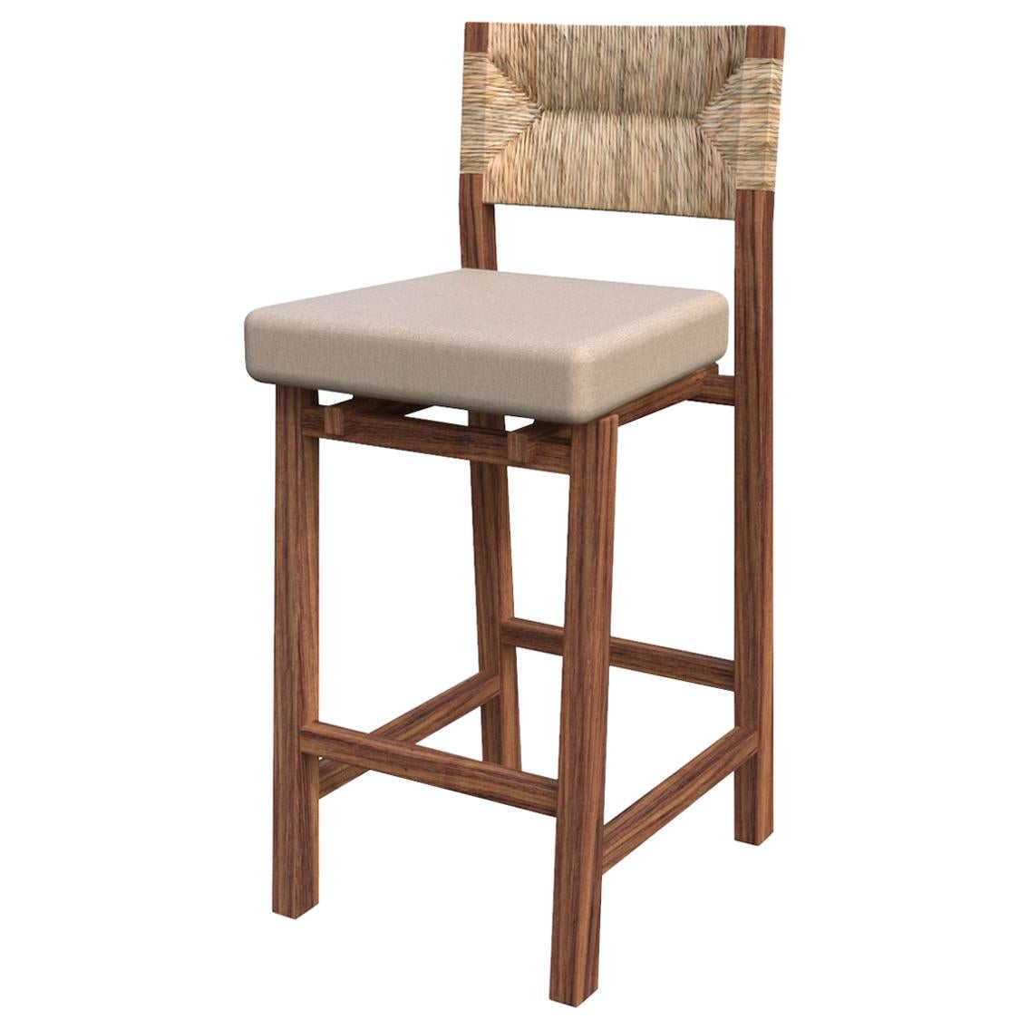 Tabouret de comptoir Lago avec dossier en fibre de palmier naturelle, design mexicain (Set 3) en vente