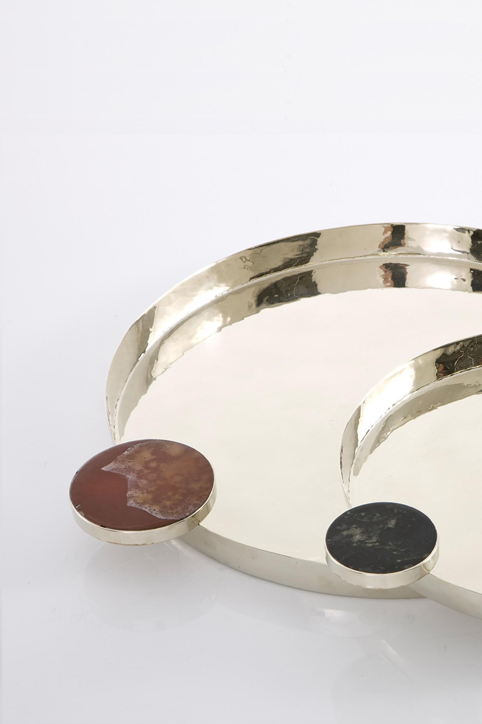 Hammered Lago Large Tray, Brown Onyx & Alpaca Silver For Sale