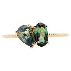Lagoon Blue Green Sapphire and Tourmaline You and Me Ring 14K Gold R6742