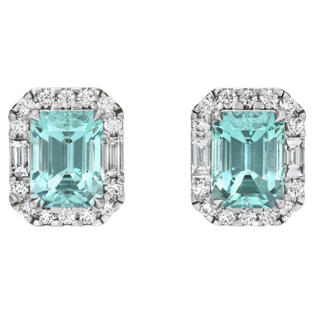 Lagoon Blue Tourmaline Earrings 2.95 Carat Emerald Cut For Sale