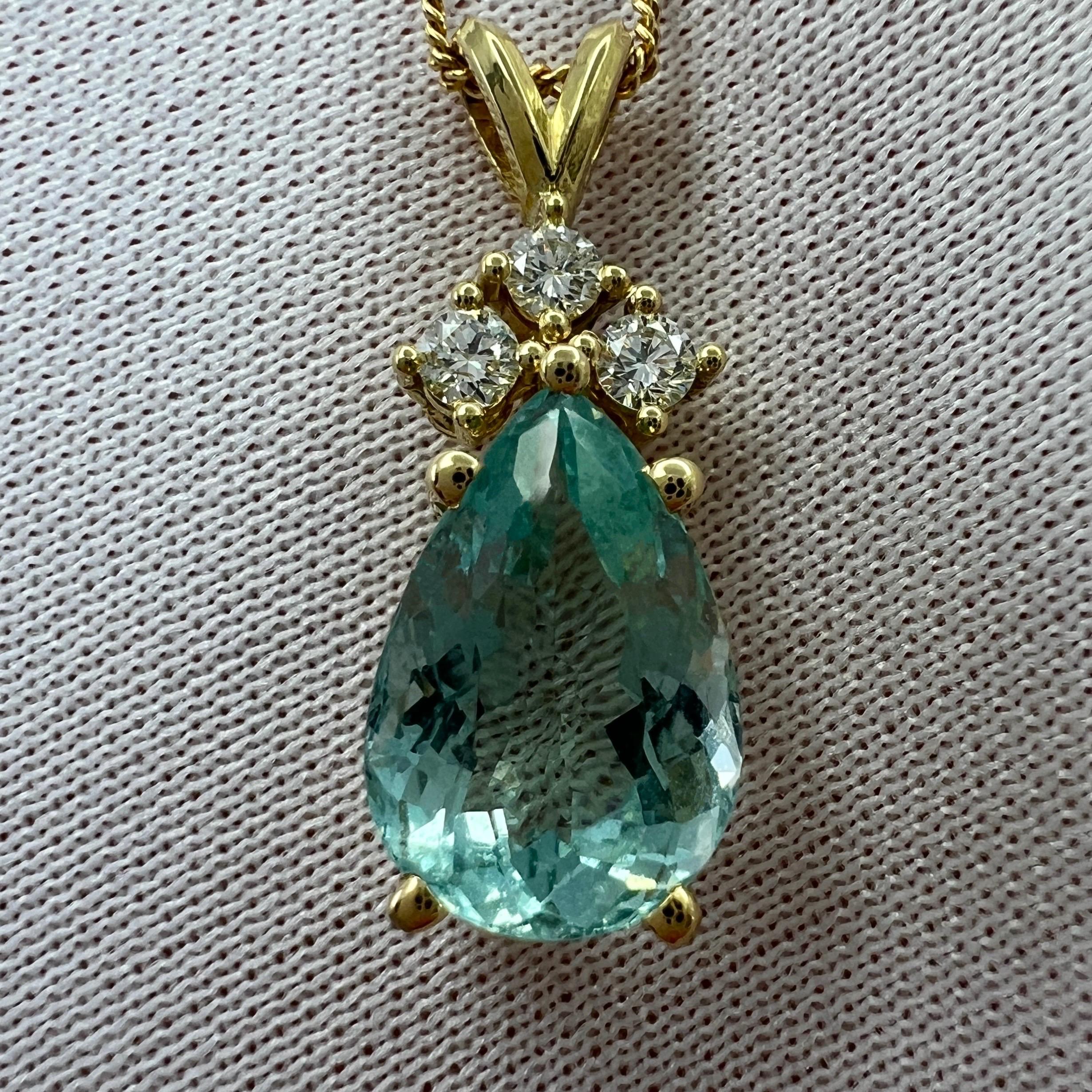 Lagoon Green Blue Aquamarine & Diamond Pear Cut 18k Yellow Gold Pendant Necklace In New Condition For Sale In Birmingham, GB