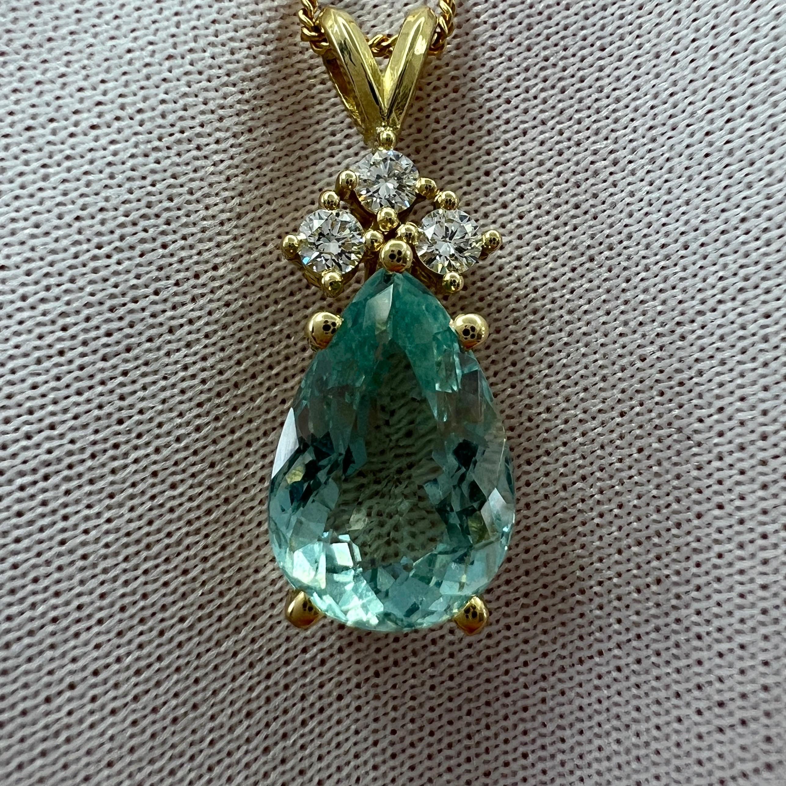Women's or Men's Lagoon Green Blue Aquamarine & Diamond Pear Cut 18k Yellow Gold Pendant Necklace For Sale