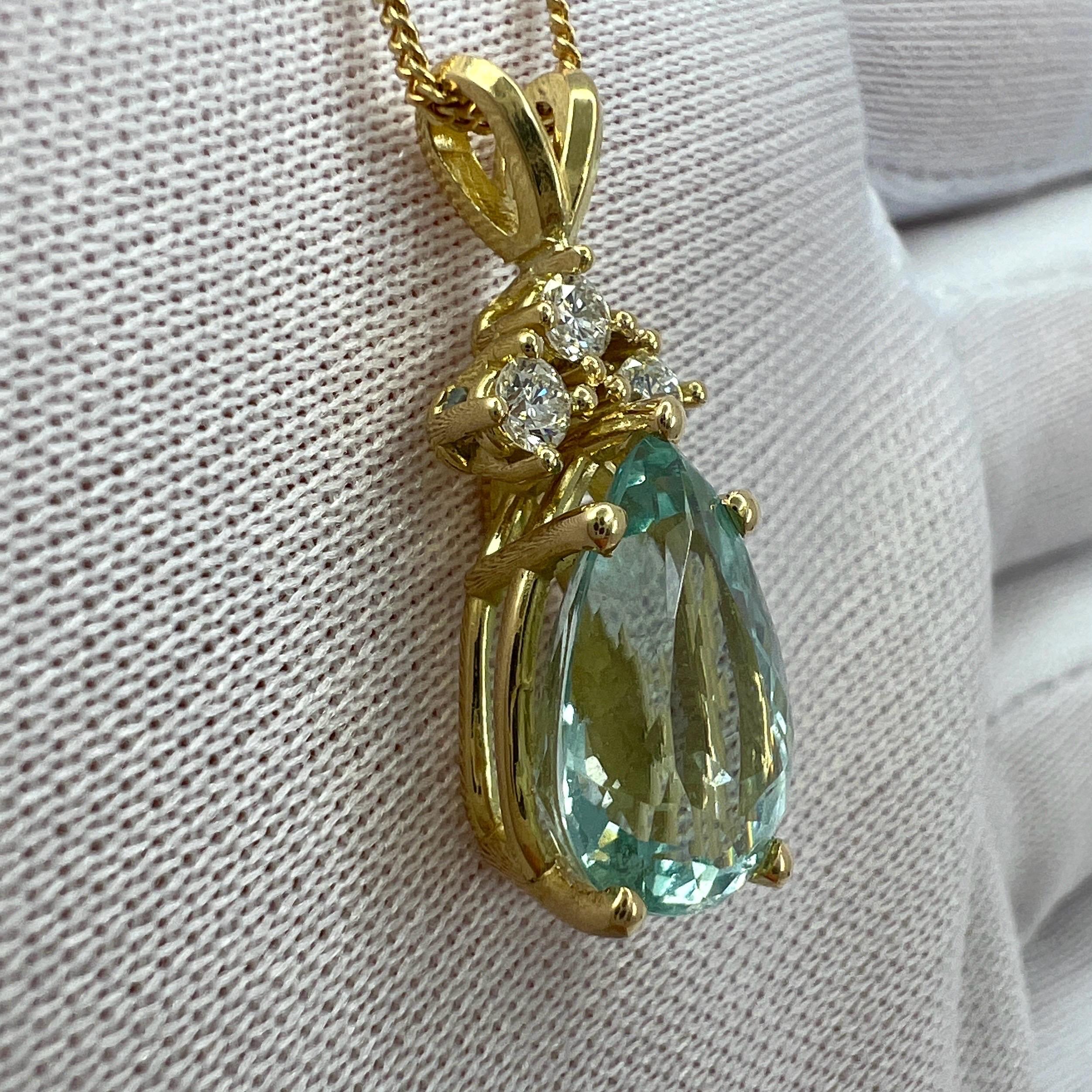 Lagoon Green Blue Aquamarine & Diamond Pear Cut 18k Yellow Gold Pendant Necklace For Sale 1