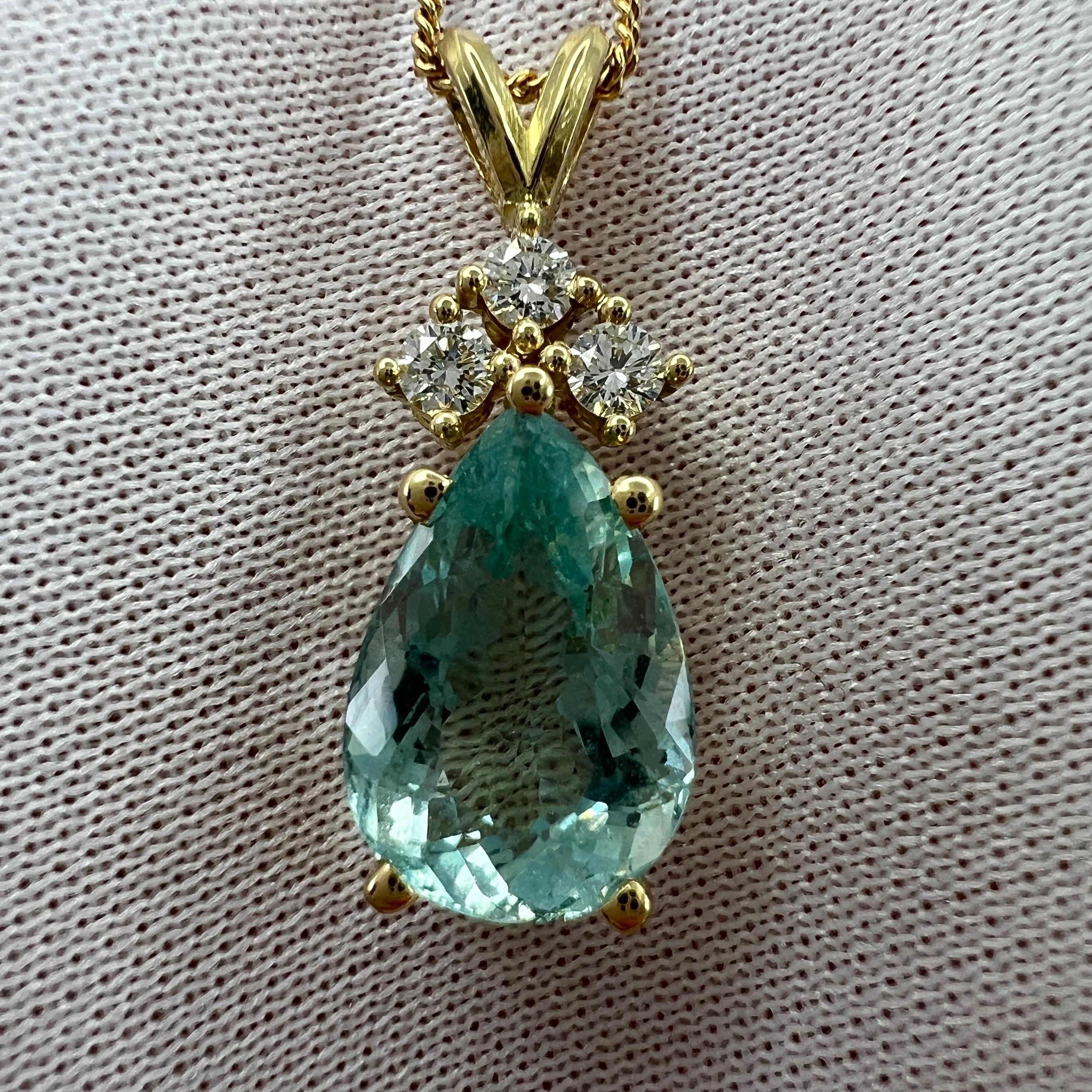 Lagoon Green Blue Aquamarine & Diamond Pear Cut 18k Yellow Gold Pendant Necklace For Sale 2