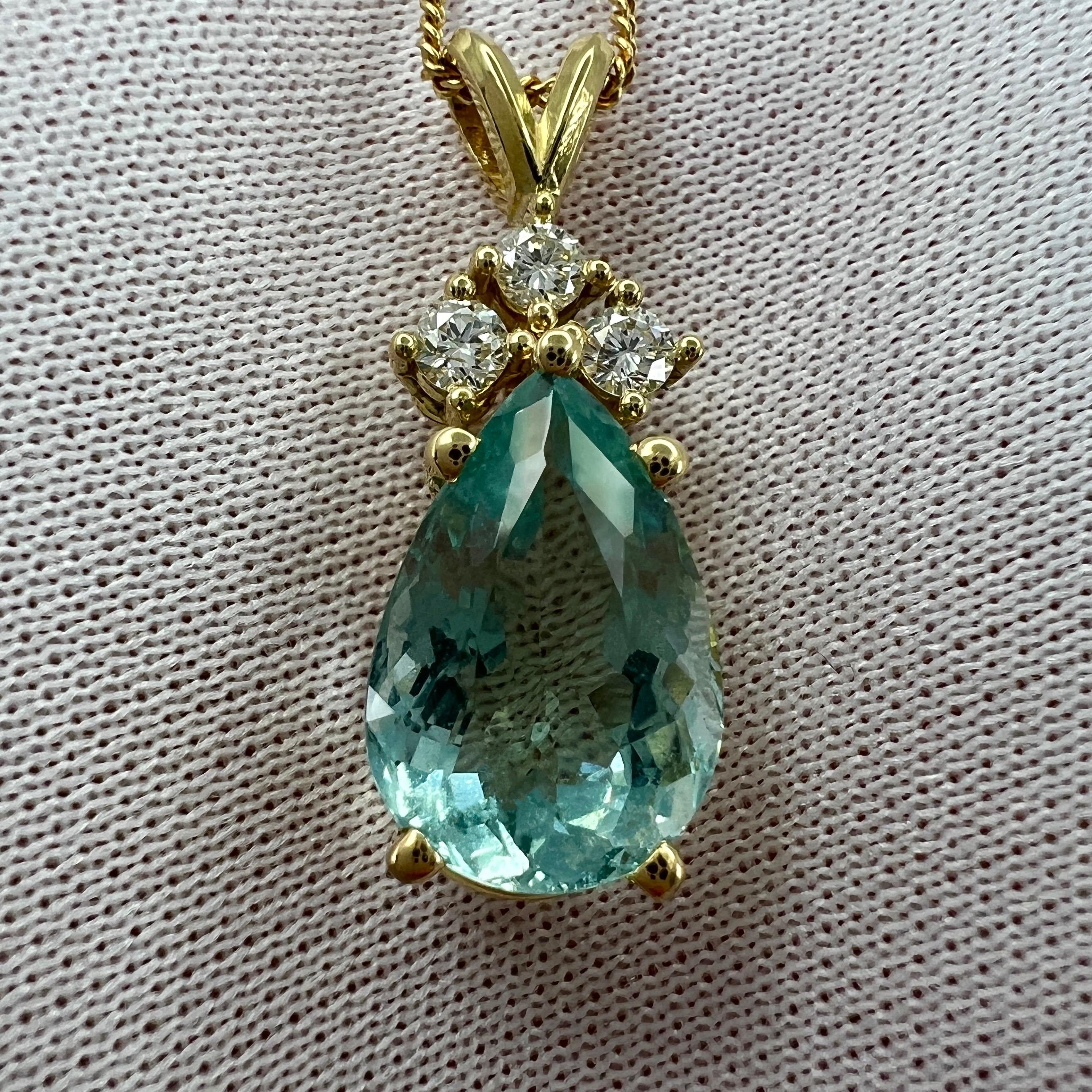 Lagoon Green Blue Aquamarine & Diamond Pear Cut 18k Yellow Gold Pendant Necklace For Sale 3
