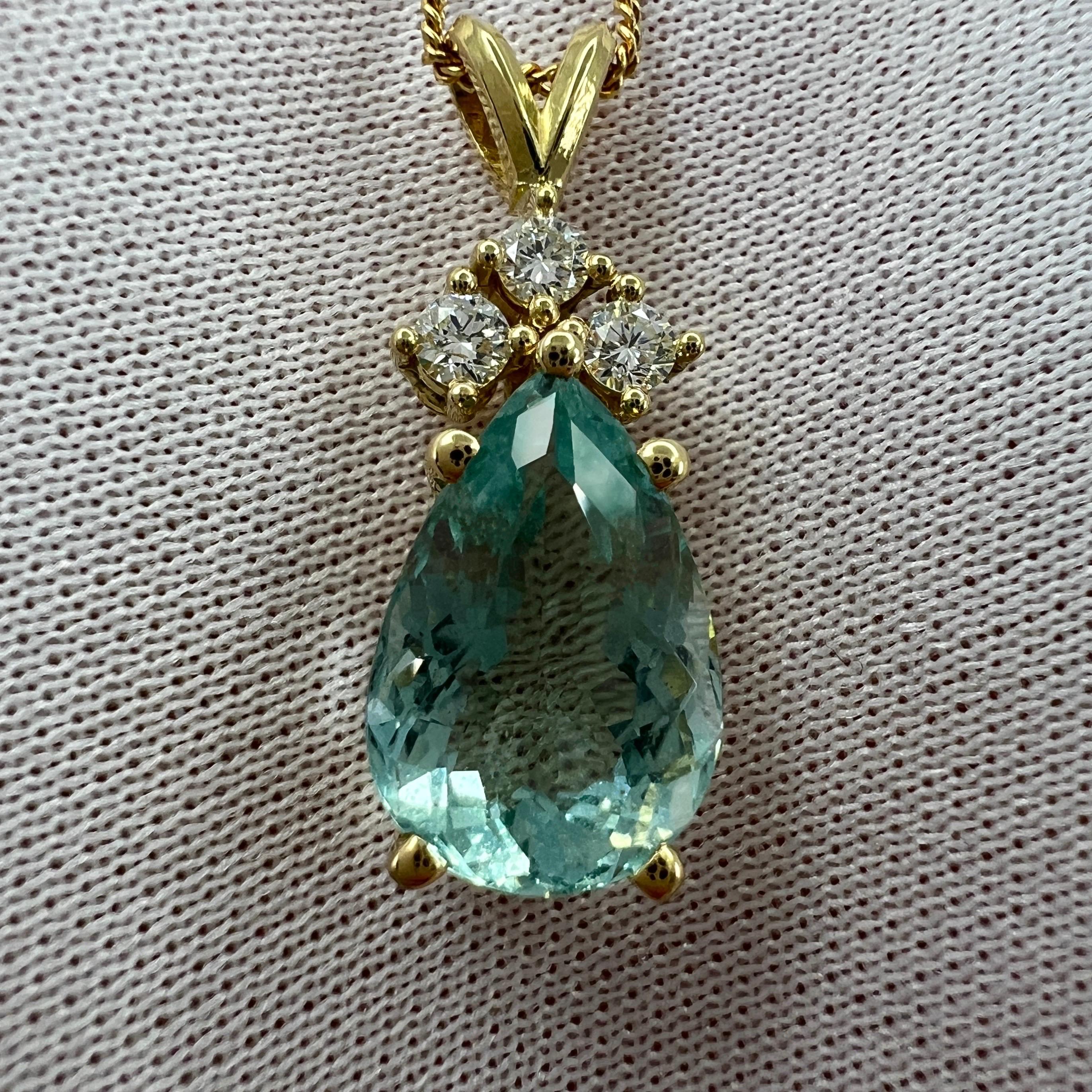 Lagoon Green Blue Aquamarine & Diamond Pear Cut 18k Yellow Gold Pendant Necklace For Sale 4