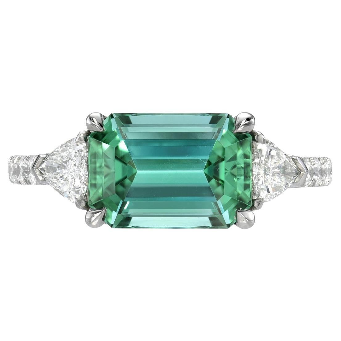 Lagoon Green Tourmaline Ring 2.69 Carat Emerald Cut For Sale