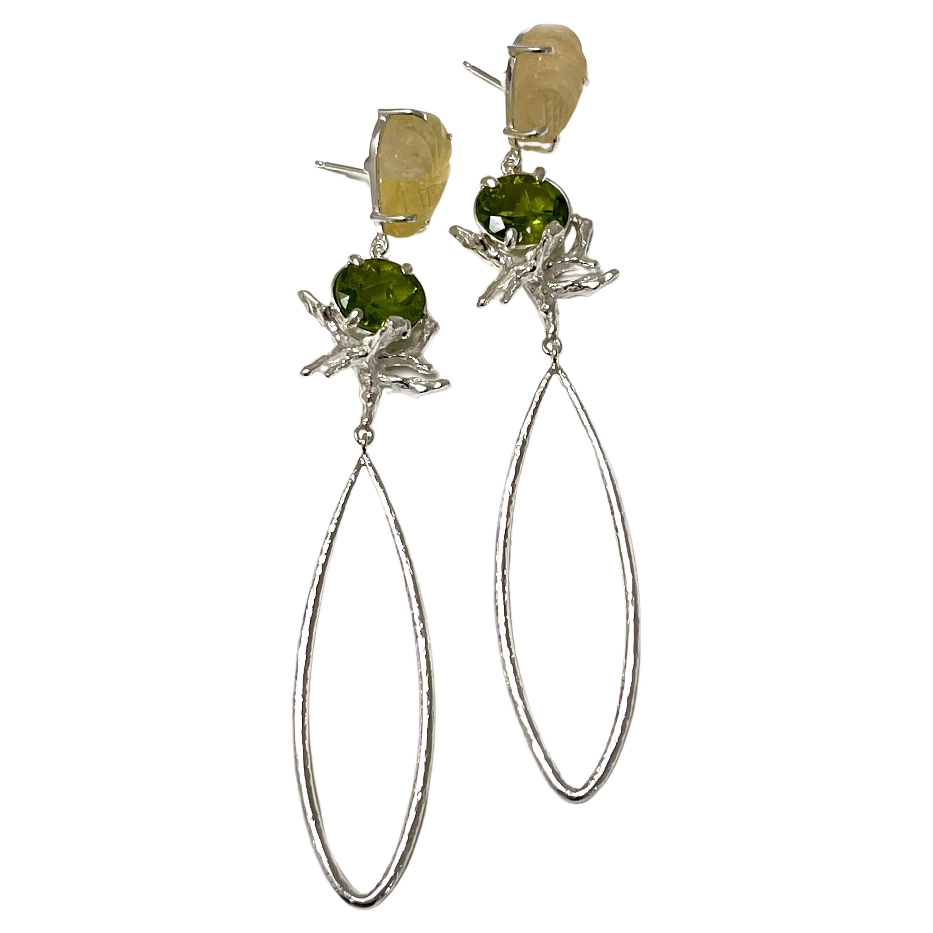 Lagoon Teardrop Earrings in Peridot, Fluorite, Sterling Silver with Coral Accent For Sale