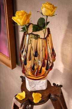 Lagoon' Tears Gradient Medium Amber Glass Vase with Marble Base by Aina Kari