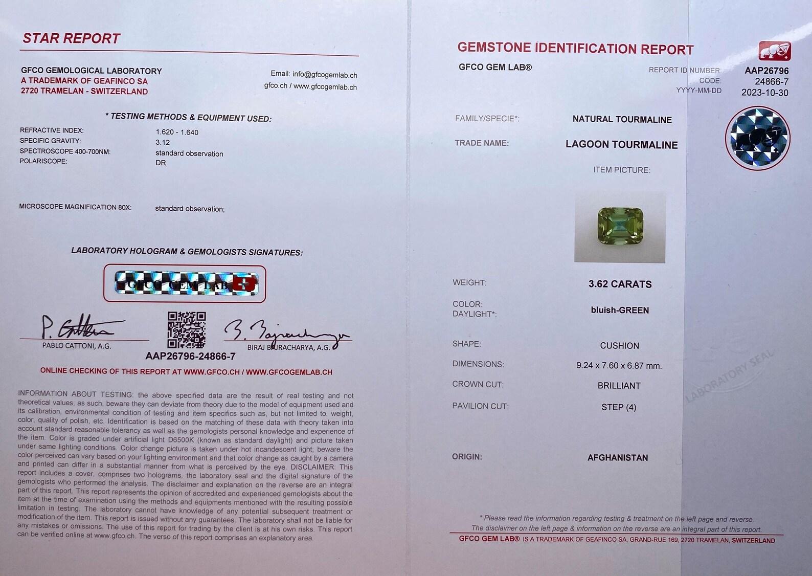 Cushion Cut Lagoon Tourmaline 3.62Ct natural Gemstone, Cushion, Afghanistan , Certificate For Sale
