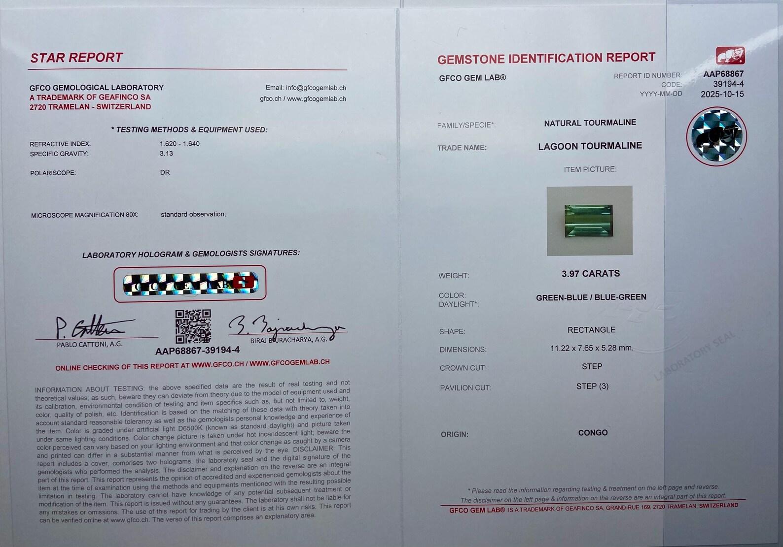 Baguette Cut Lagoon Tourmaline 3.97 Ct., natural loose Gemstone, Rectangle cut, Origin Congo For Sale