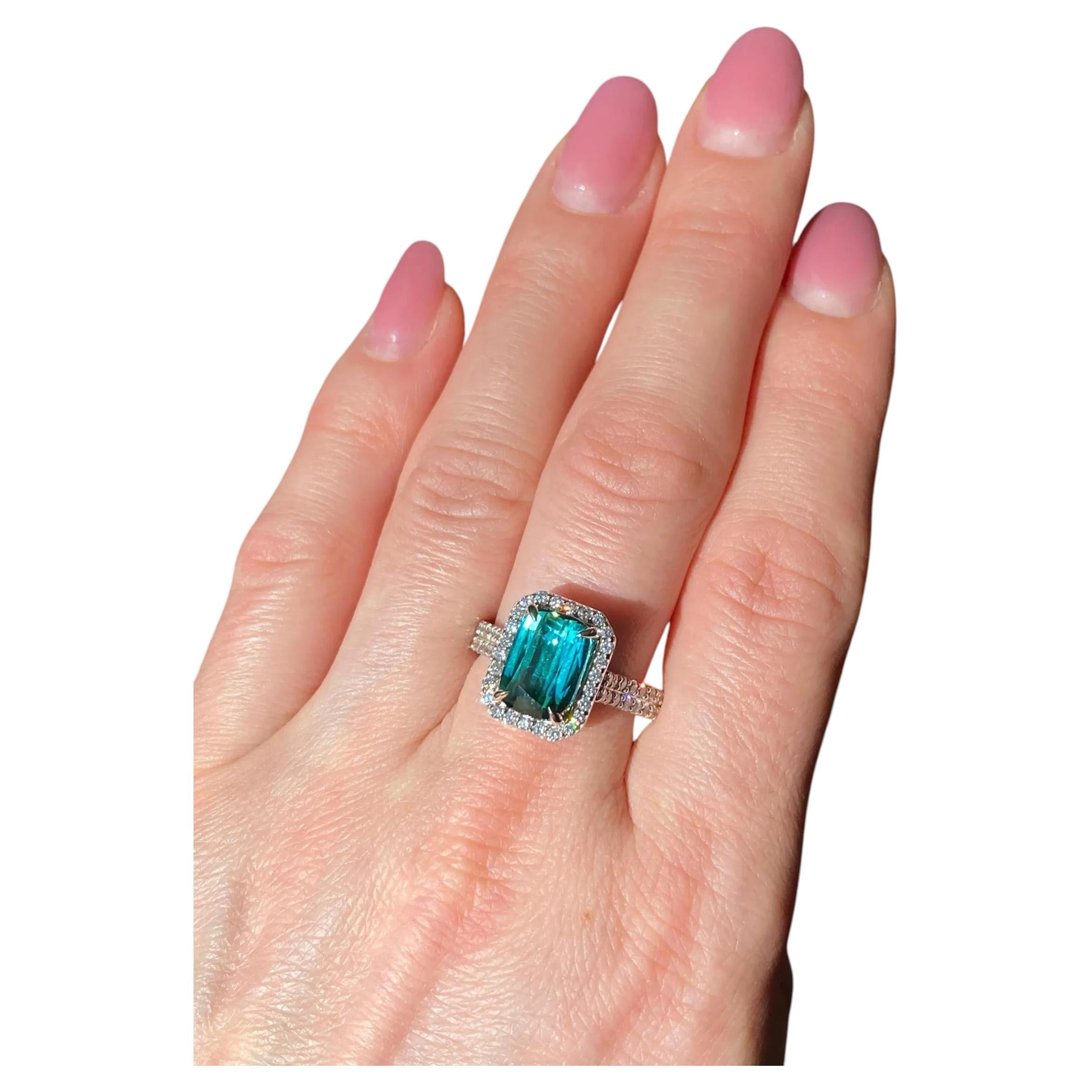 Bague Tourmaline Lagoon 4.60Ct et Diamants, 14 Karat, Taille 9 US