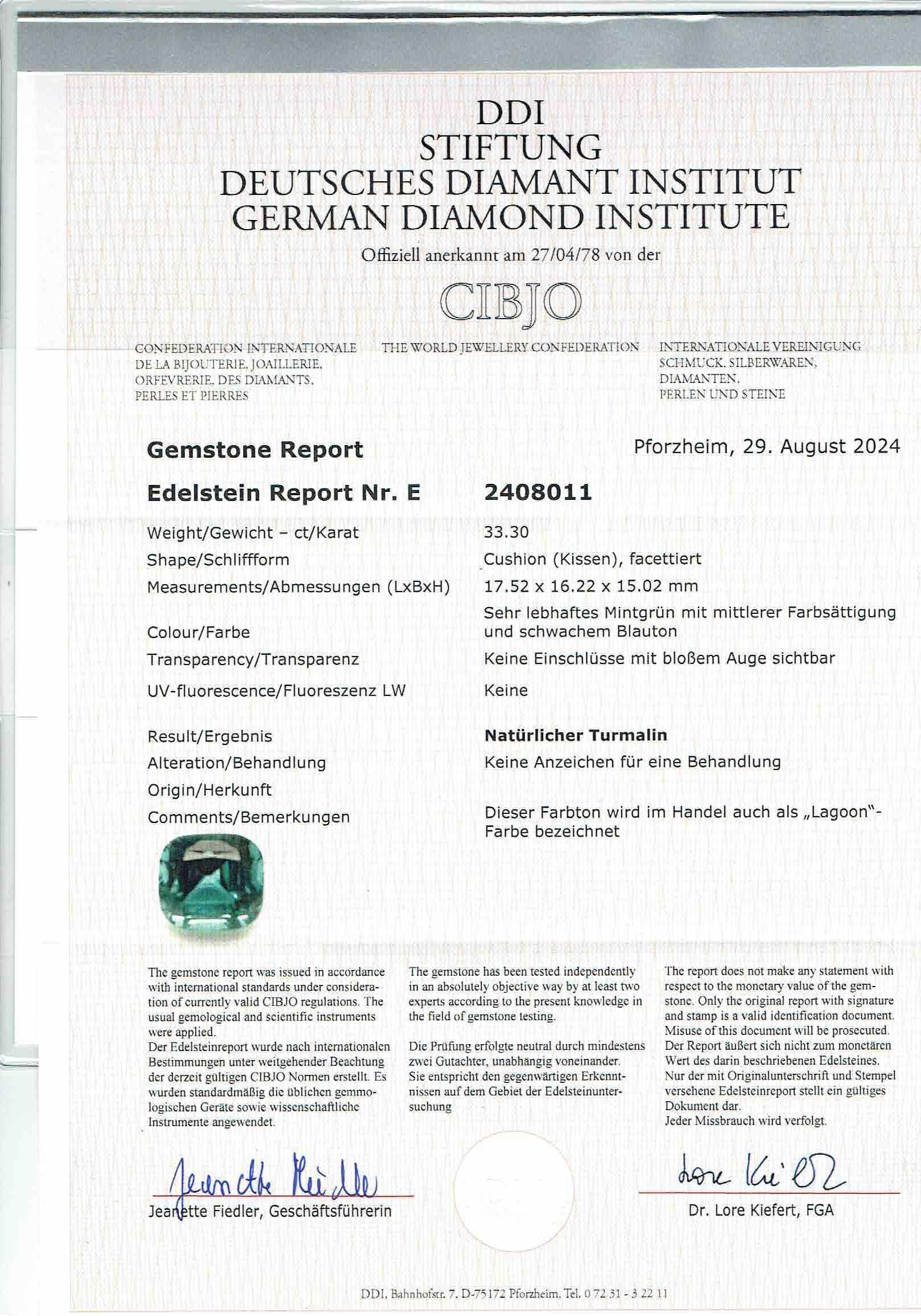 Lagoon Tourmaline AAA+ 33 ct Afghanistan / Kunar 98% pure Investment Gem DDI cer For Sale 3