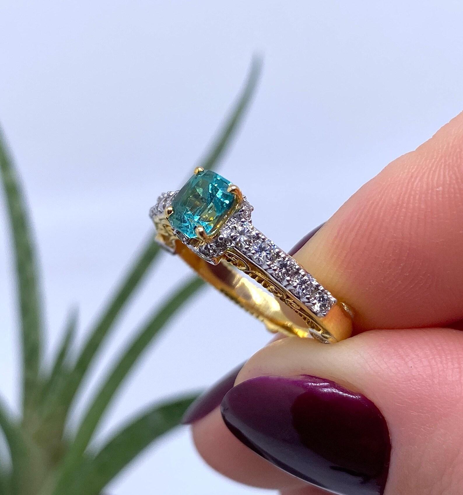 Edwardian Lagoon Tourmaline and Diamonds natural gemstone Ring, 14 Karat Yellow Gold, 7US For Sale