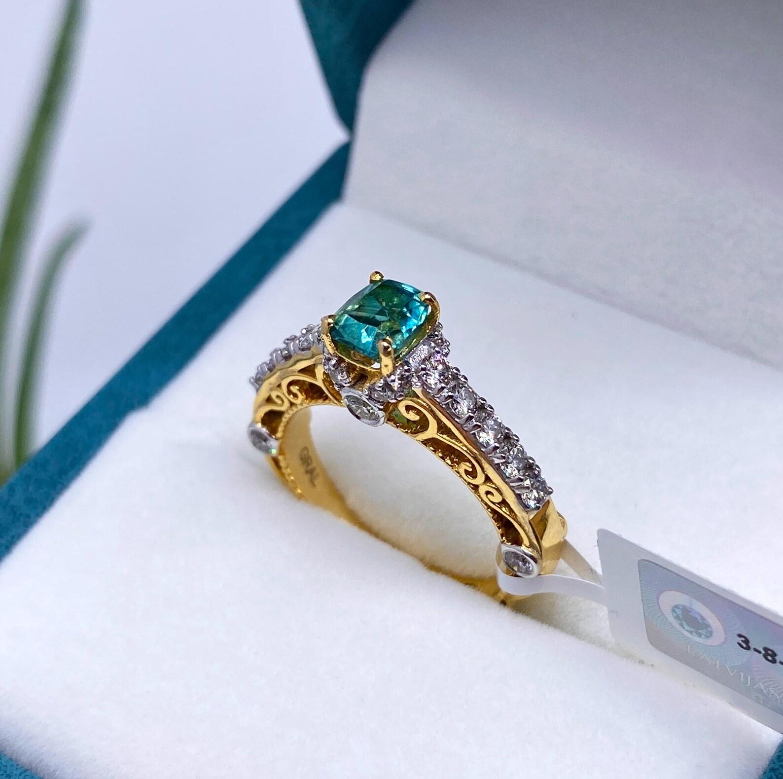 Cushion Cut Lagoon Tourmaline and Diamonds natural gemstone Ring, 14 Karat Yellow Gold, 7US For Sale