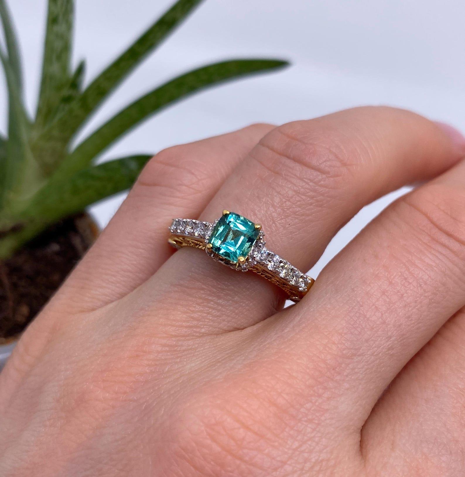 Bague en or jaune 14 carats, tourmaline lagon et diamants, 7US Neuf - En vente à Daugavpils, LV