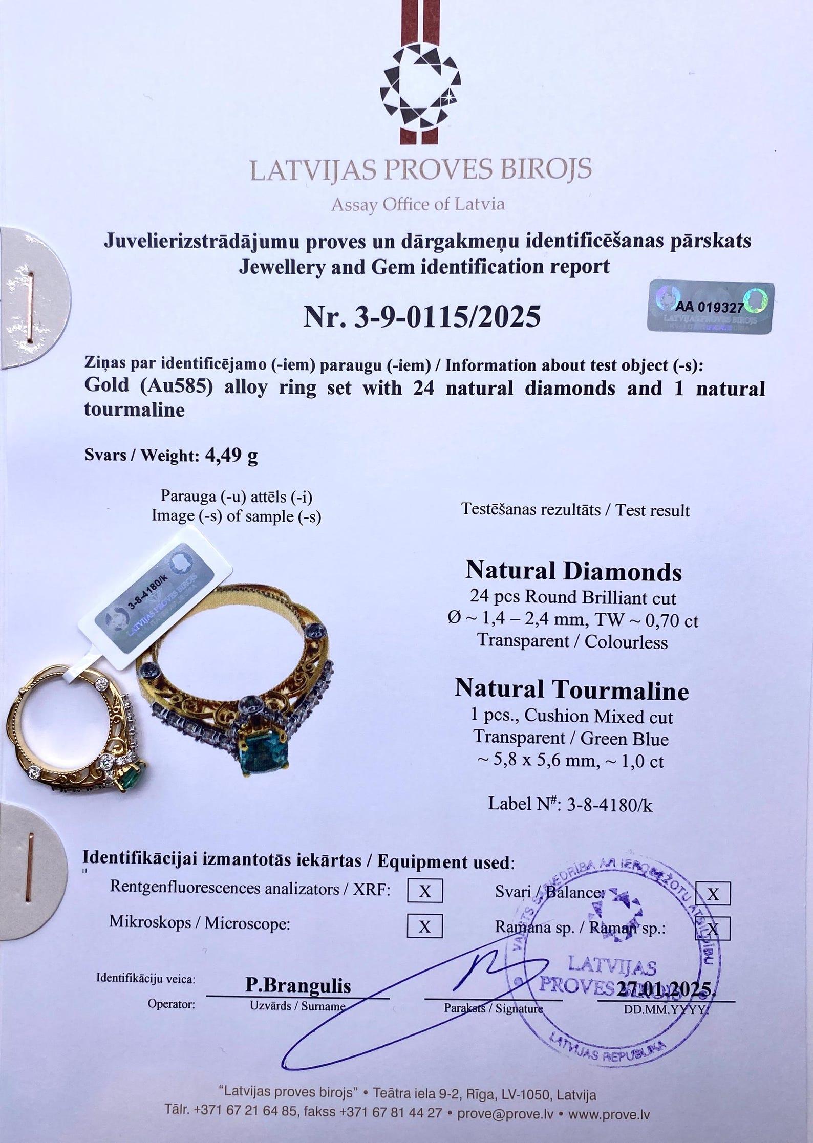 Bague en or jaune 14 carats, tourmaline lagon et diamants, 7US Pour femmes en vente