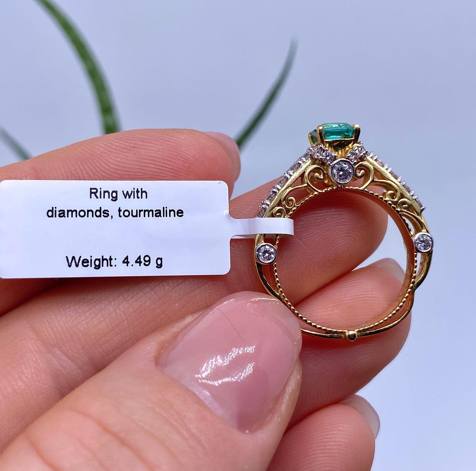 Bague en or jaune 14 carats, tourmaline lagon et diamants, 7US en vente 2