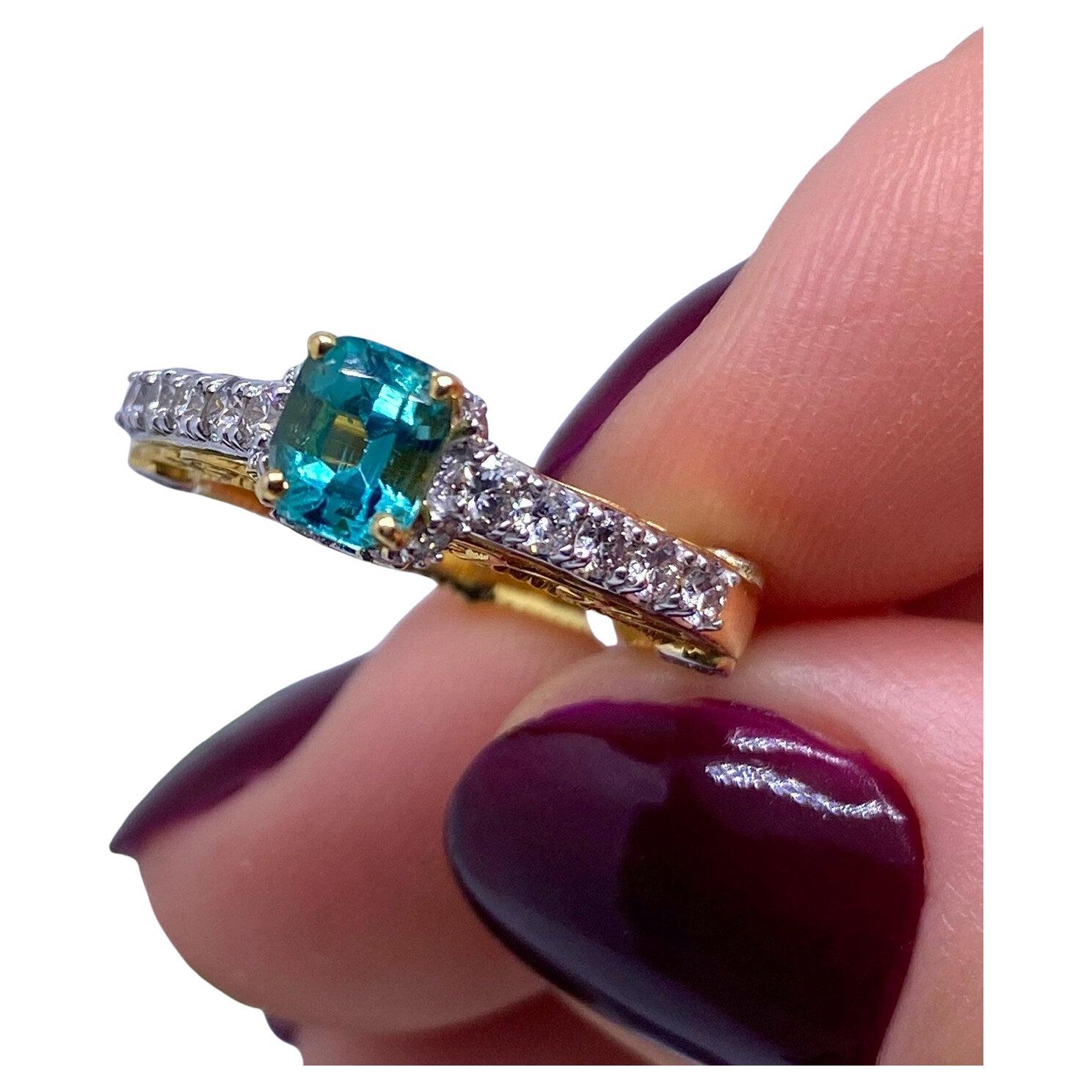 Lagune Turmalin und Diamanten natürlichen Edelstein Ring, 14 Karat Gelbgold, 7US