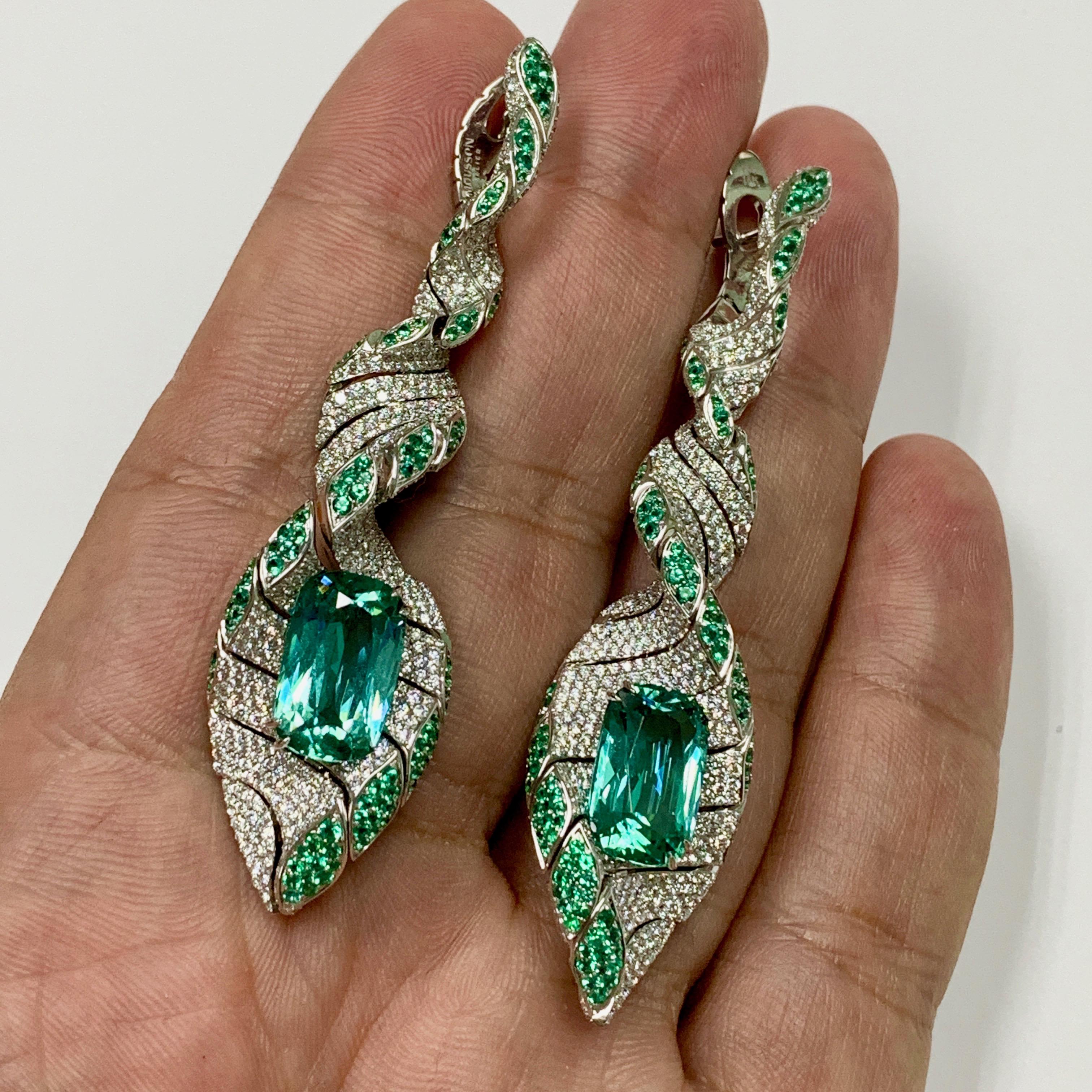 Contemporary Lagoon Tourmaline Diamonds Emeralds 18 Karat White Gold DNA Earrings For Sale