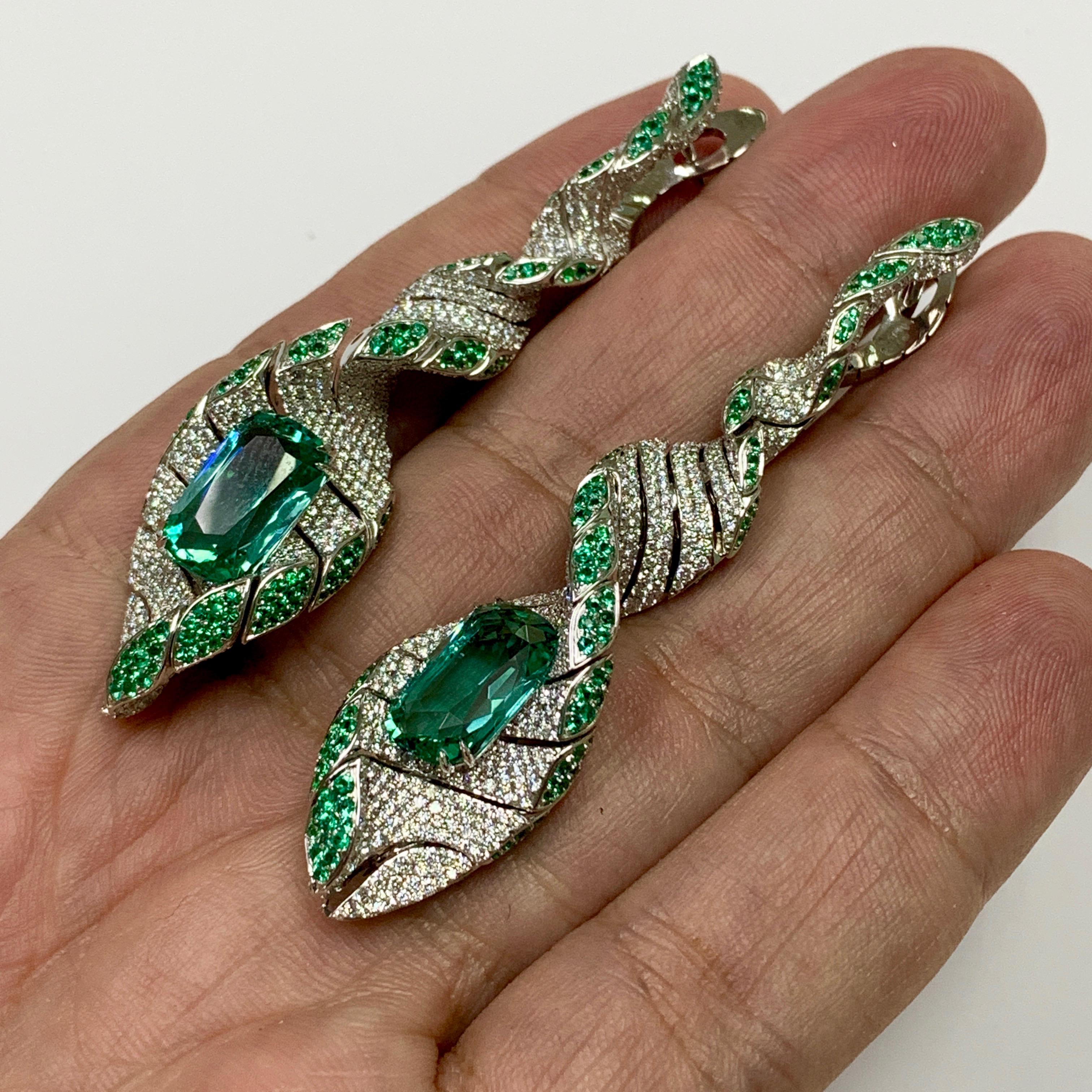Cushion Cut Lagoon Tourmaline Diamonds Emeralds 18 Karat White Gold DNA Earrings For Sale
