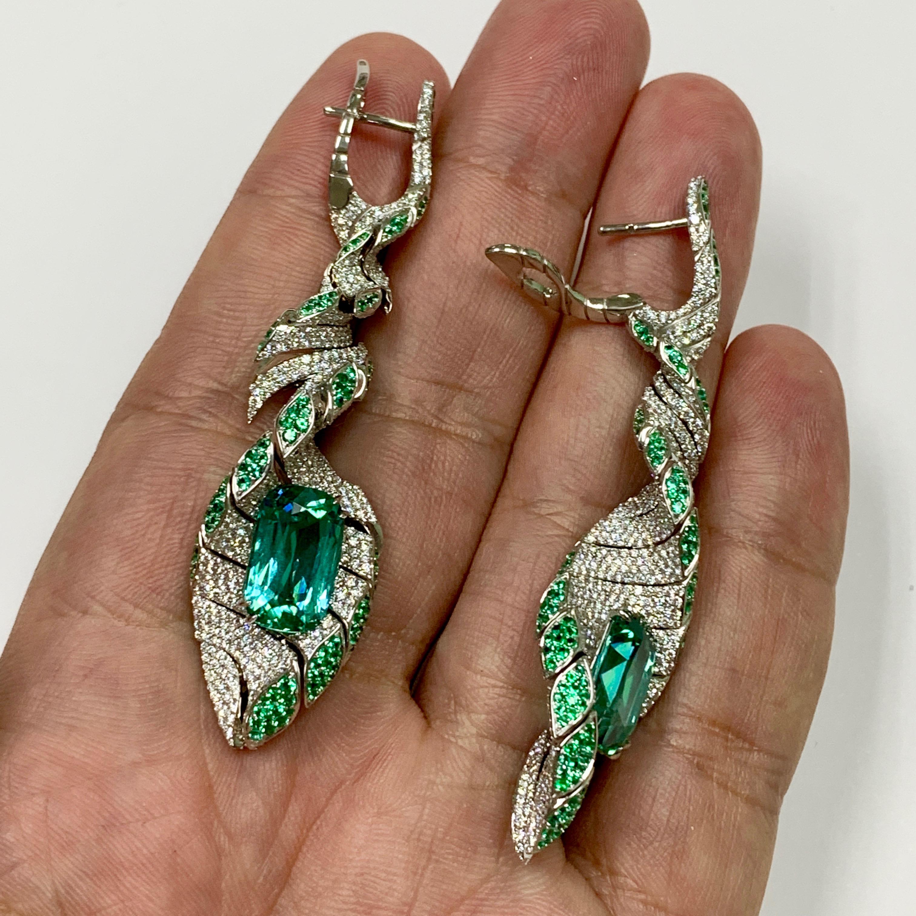Lagoon Tourmaline Diamonds Emeralds 18 Karat White Gold DNA Earrings In New Condition For Sale In Bangkok, TH