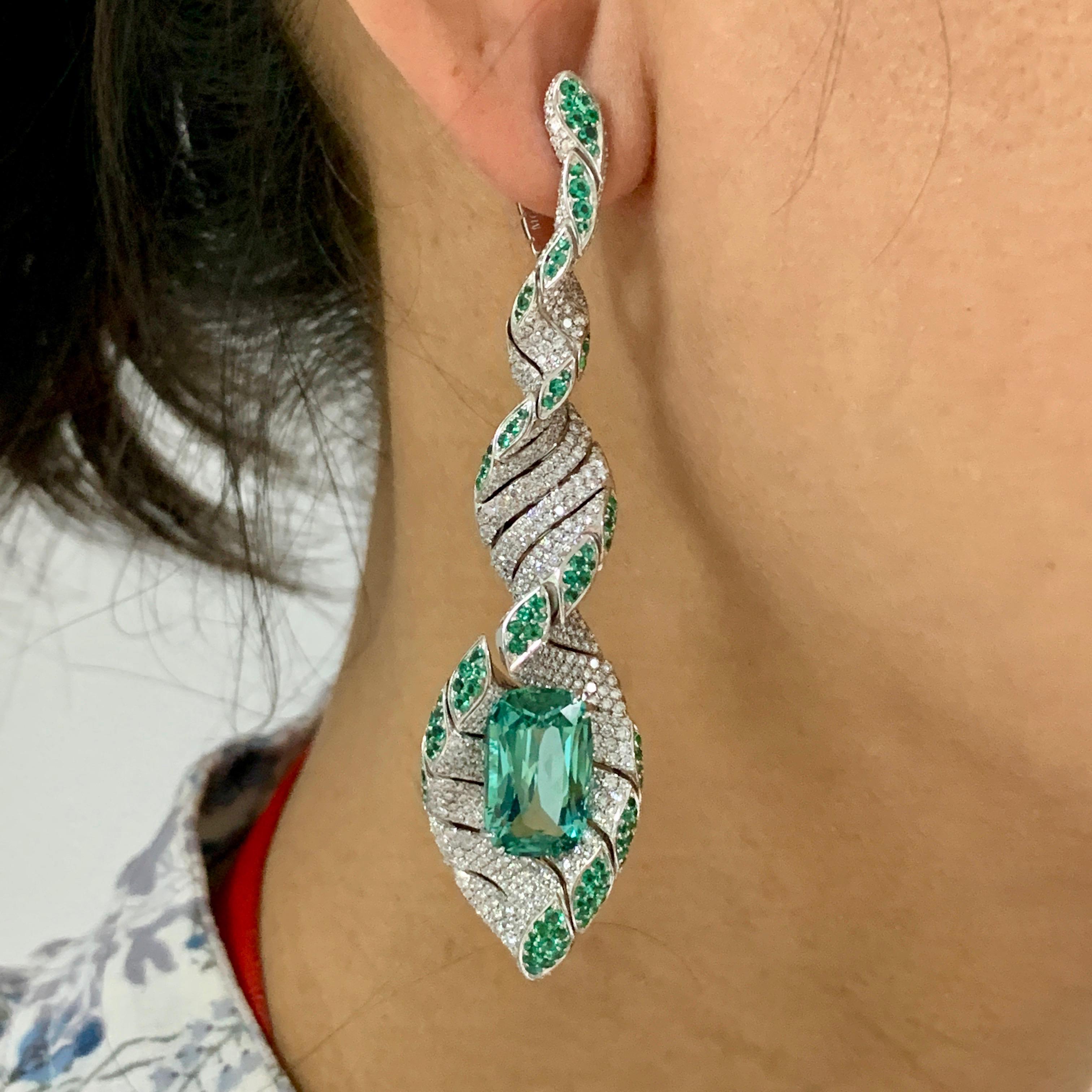 Lagoon Tourmaline Diamonds Emeralds 18 Karat White Gold DNA Earrings For Sale 2