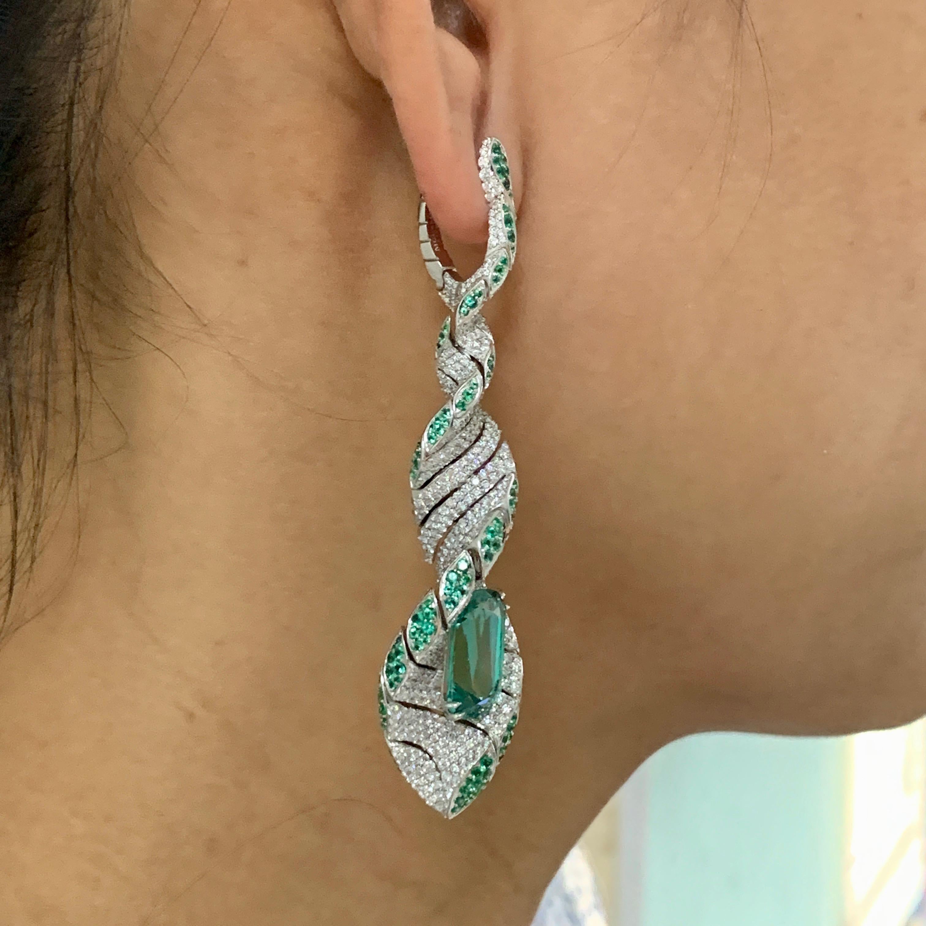 Lagoon Tourmaline Diamonds Emeralds 18 Karat White Gold DNA Earrings For Sale 2