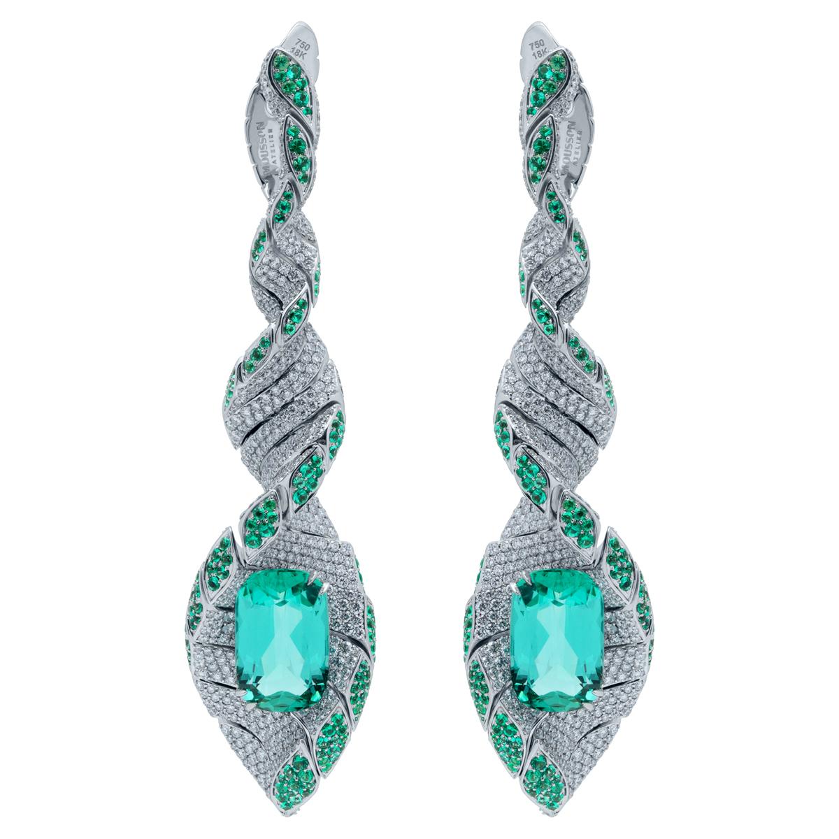 Lagoon Tourmaline Diamonds Emeralds 18 Karat White Gold DNA Earrings For Sale