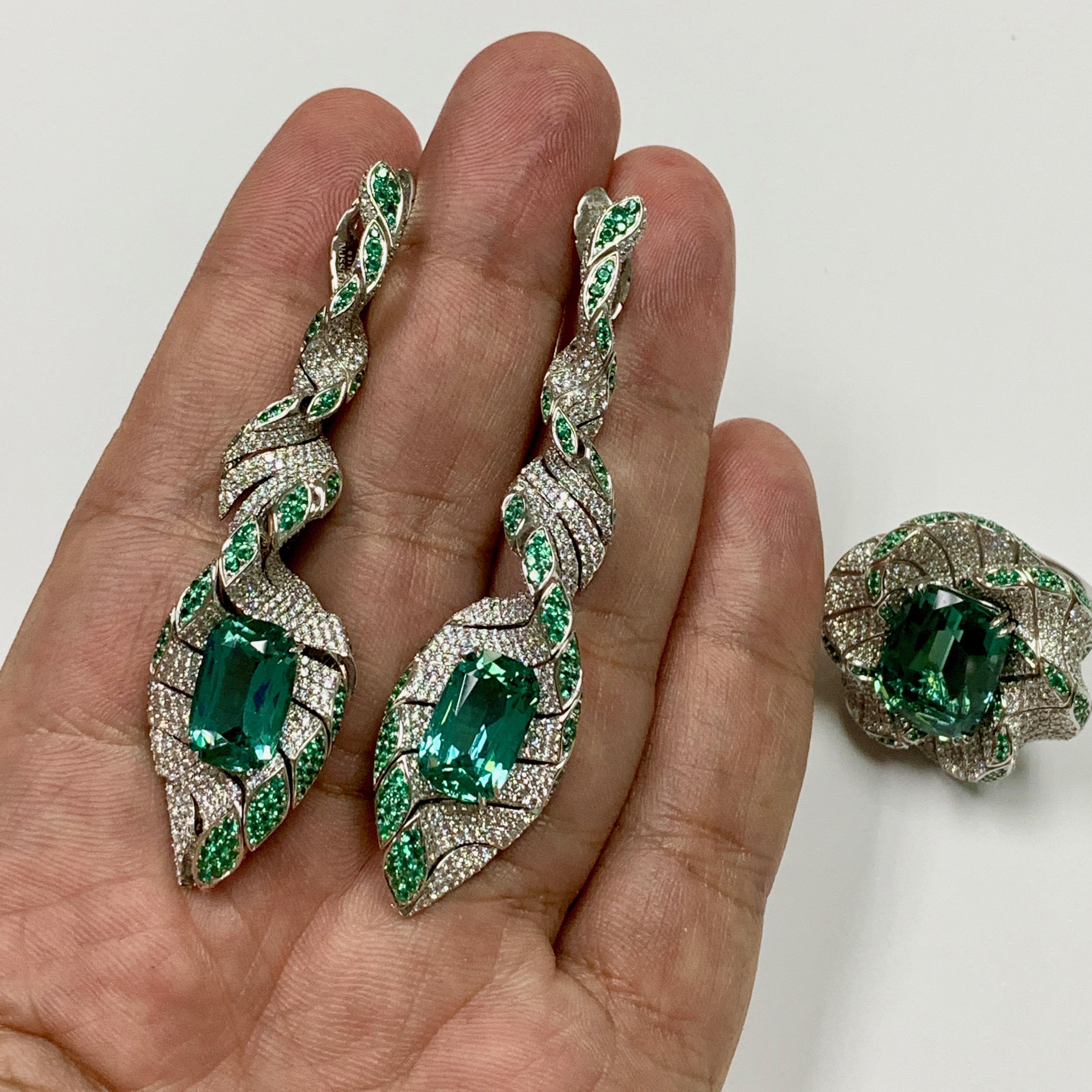 Contemporary Lagoon Tourmaline Diamonds Emeralds 18 Karat White Gold DNA Suite For Sale
