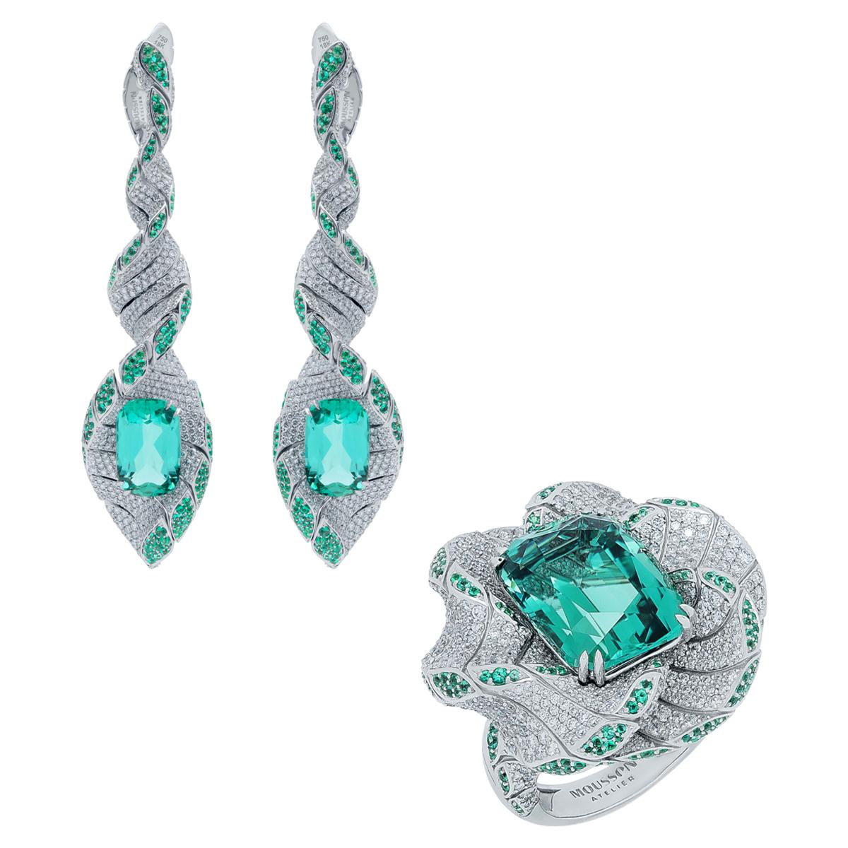 Lagoon Tourmaline Diamonds Emeralds 18 Karat White Gold DNA Suite For Sale