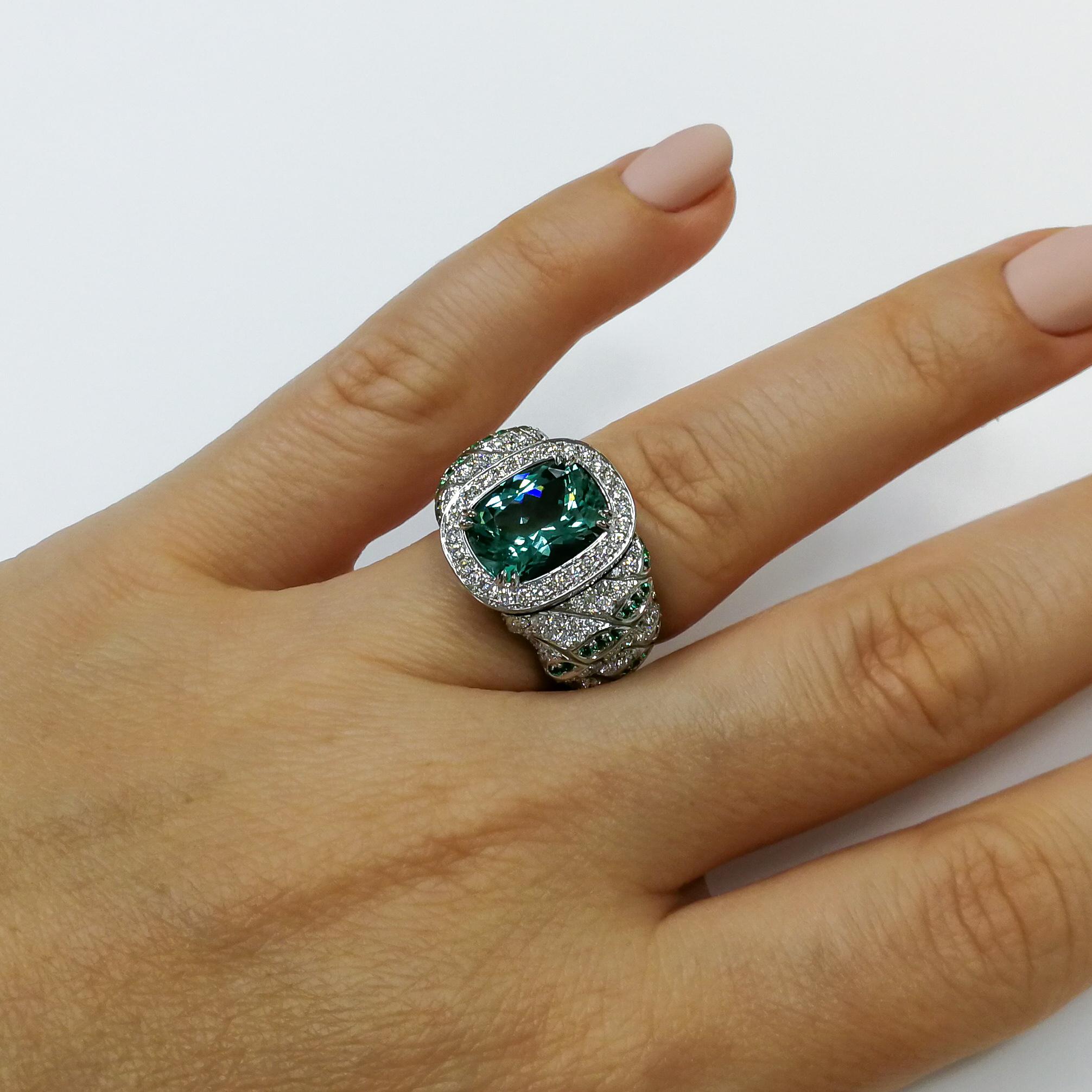 Lagoon Tourmaline Diamonds Emeralds 18 Karat White Gold Small DNA Ring For Sale 1