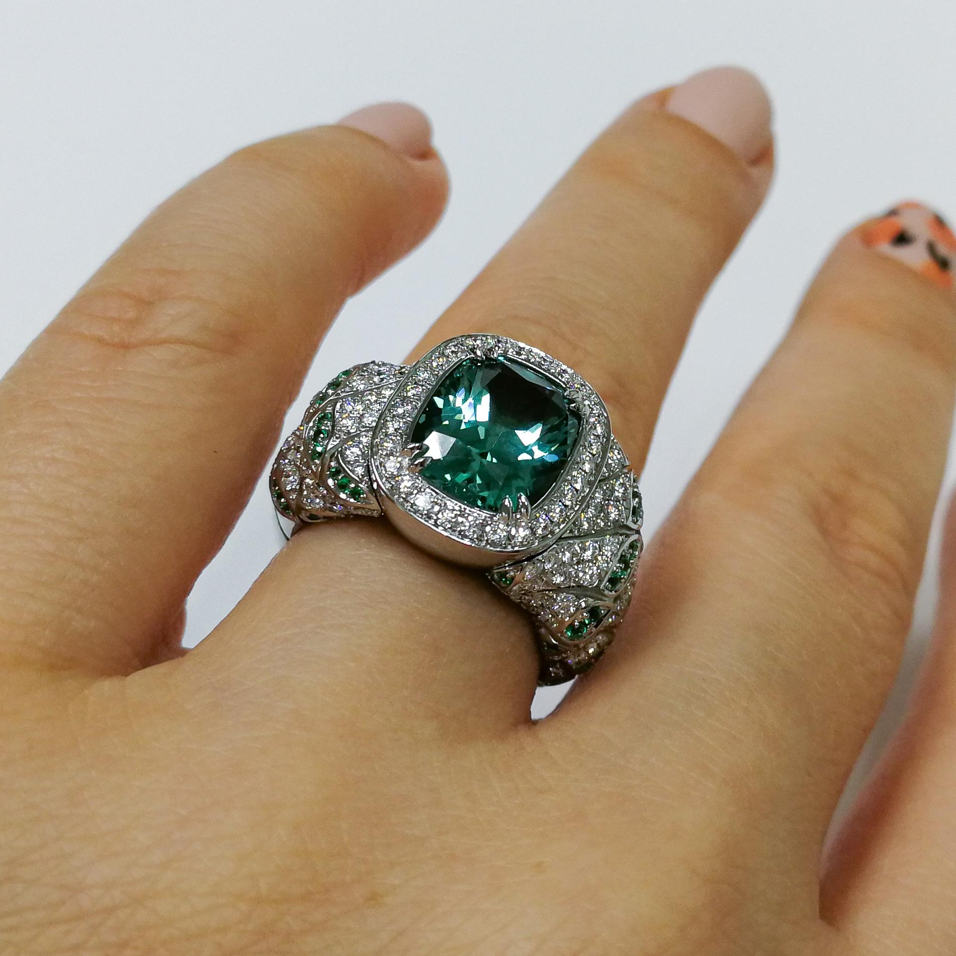 Lagoon Tourmaline Diamonds Emeralds 18 Karat White Gold Small DNA Ring For Sale 2
