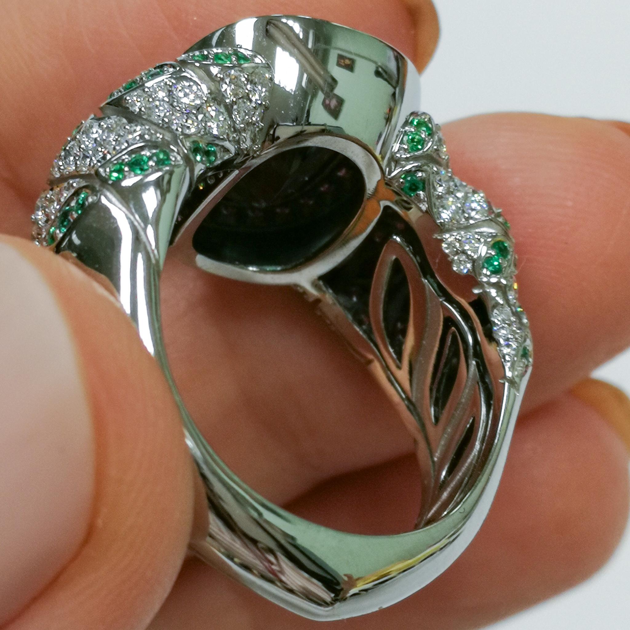 Contemporary Lagoon Tourmaline Diamonds Emeralds 18 Karat White Gold Small DNA Ring For Sale