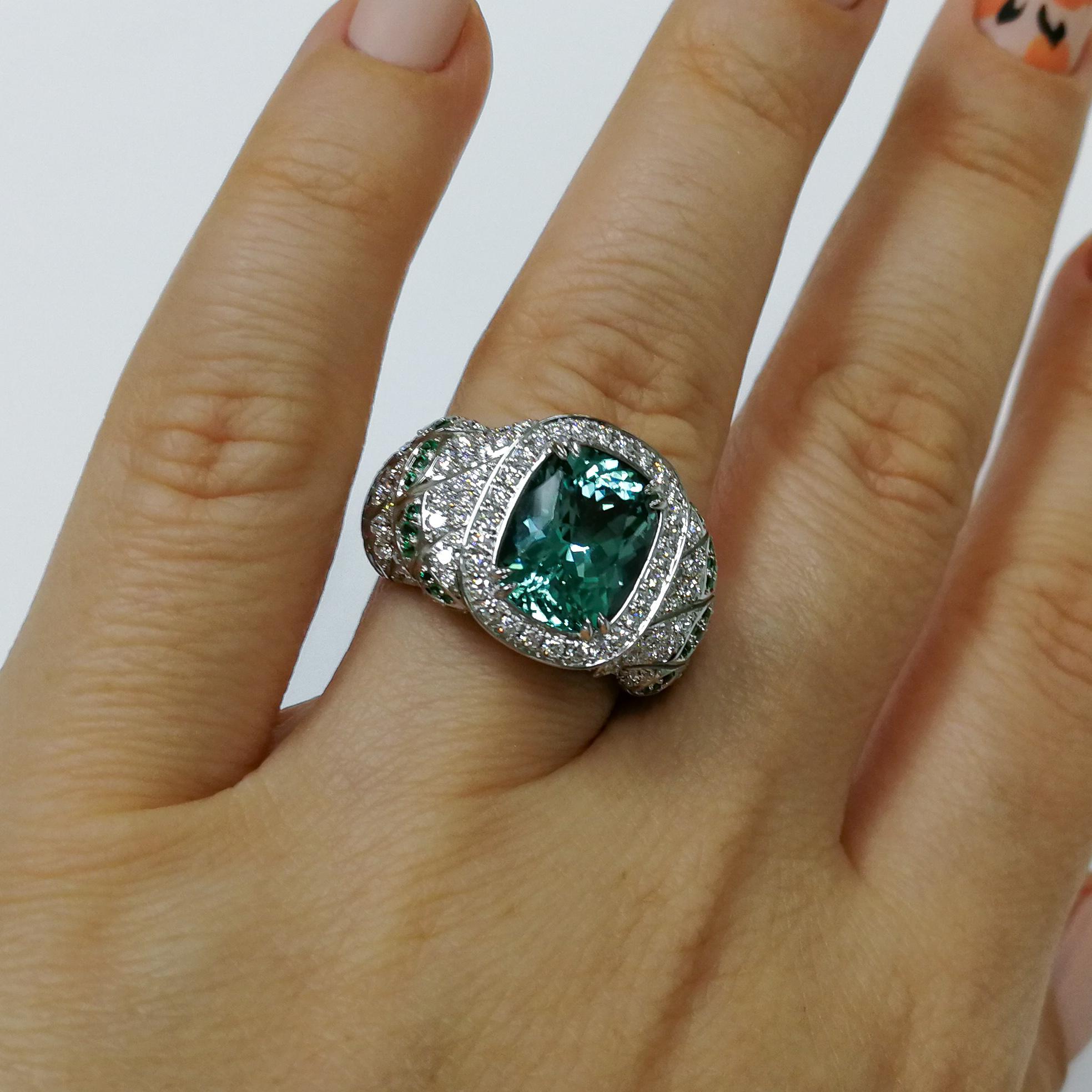 Lagoon Tourmaline Diamonds Emeralds 18 Karat White Gold Small DNA Ring In New Condition For Sale In Bangkok, TH