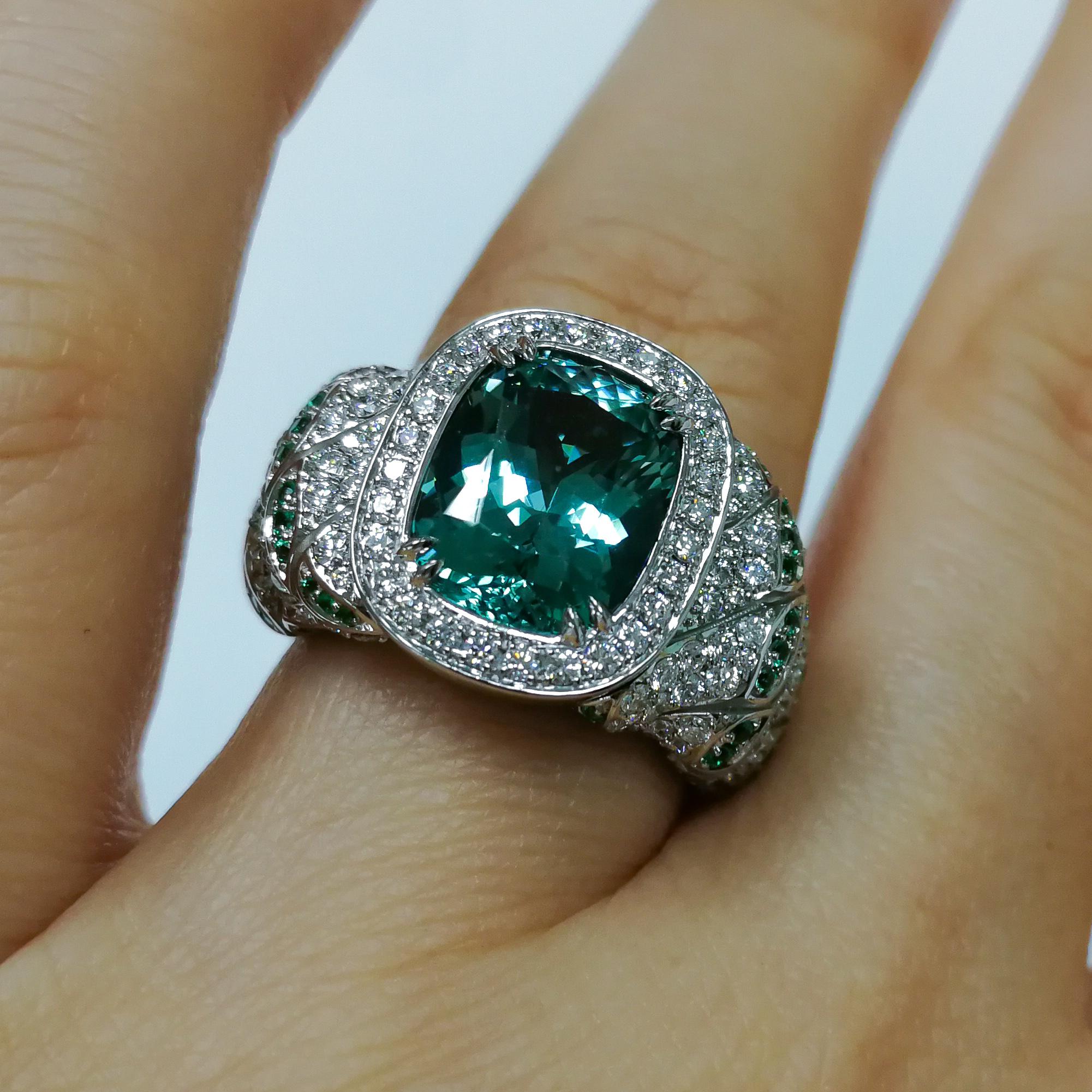 Women's Lagoon Tourmaline Diamonds Emeralds 18 Karat White Gold Small DNA Ring For Sale