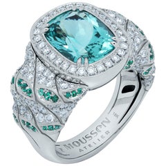 Lagoon Tourmaline Diamonds Emeralds 18 Karat White Gold Small DNA Ring