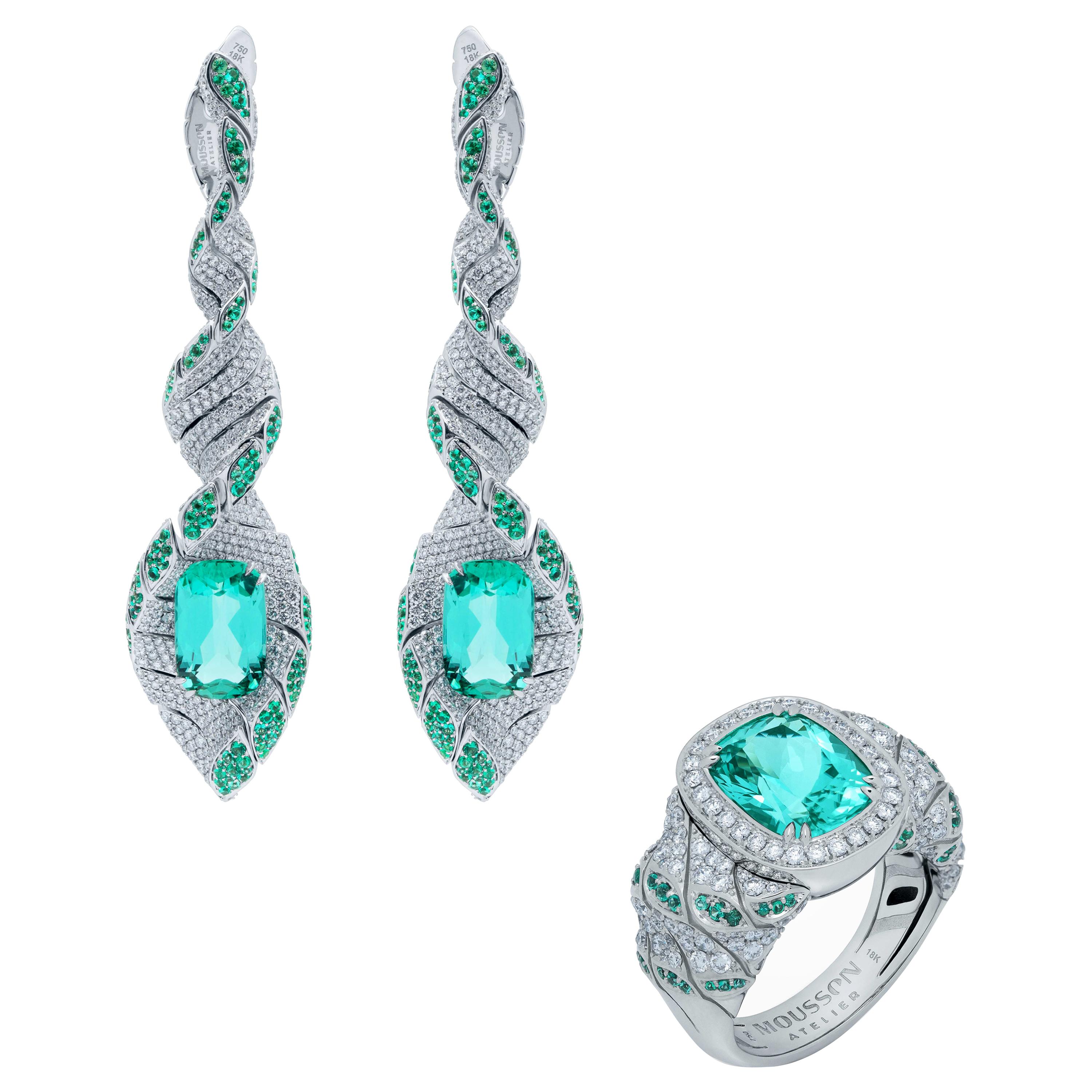 Lagoon Tourmaline Diamonds Emeralds 18 Karat White Gold Small DNA Suite For Sale