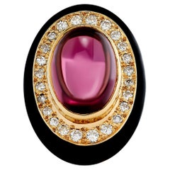 Anello Lago in oro giallo 14 carati con tormalina rosa cabochon, diamante e onice nera