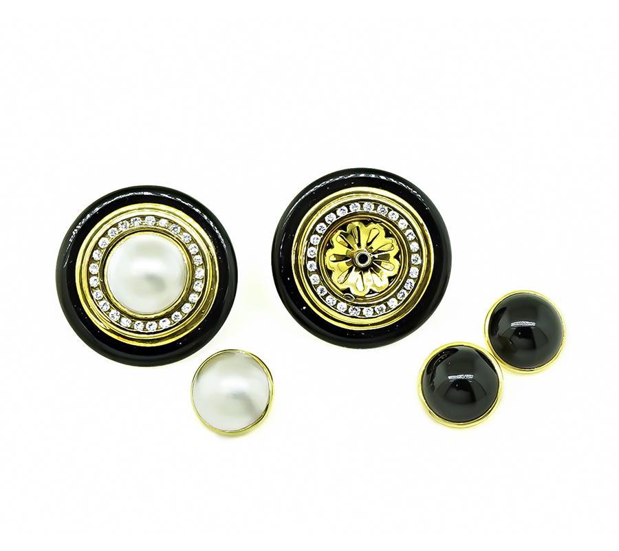 Round Cut Lagos 1.50ct Diamond Onyx Interchangeable Center Gold Earrings For Sale