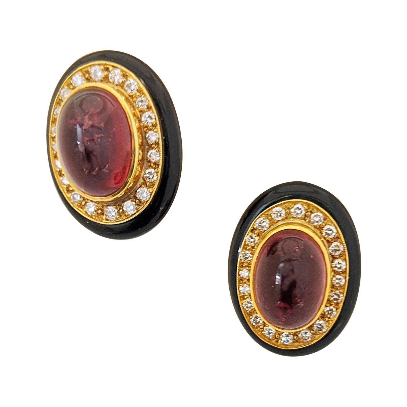 Lagos 18 Karat Gold, Pink Tourmaline Earrings with Diamonds and Black Onyx For Sale